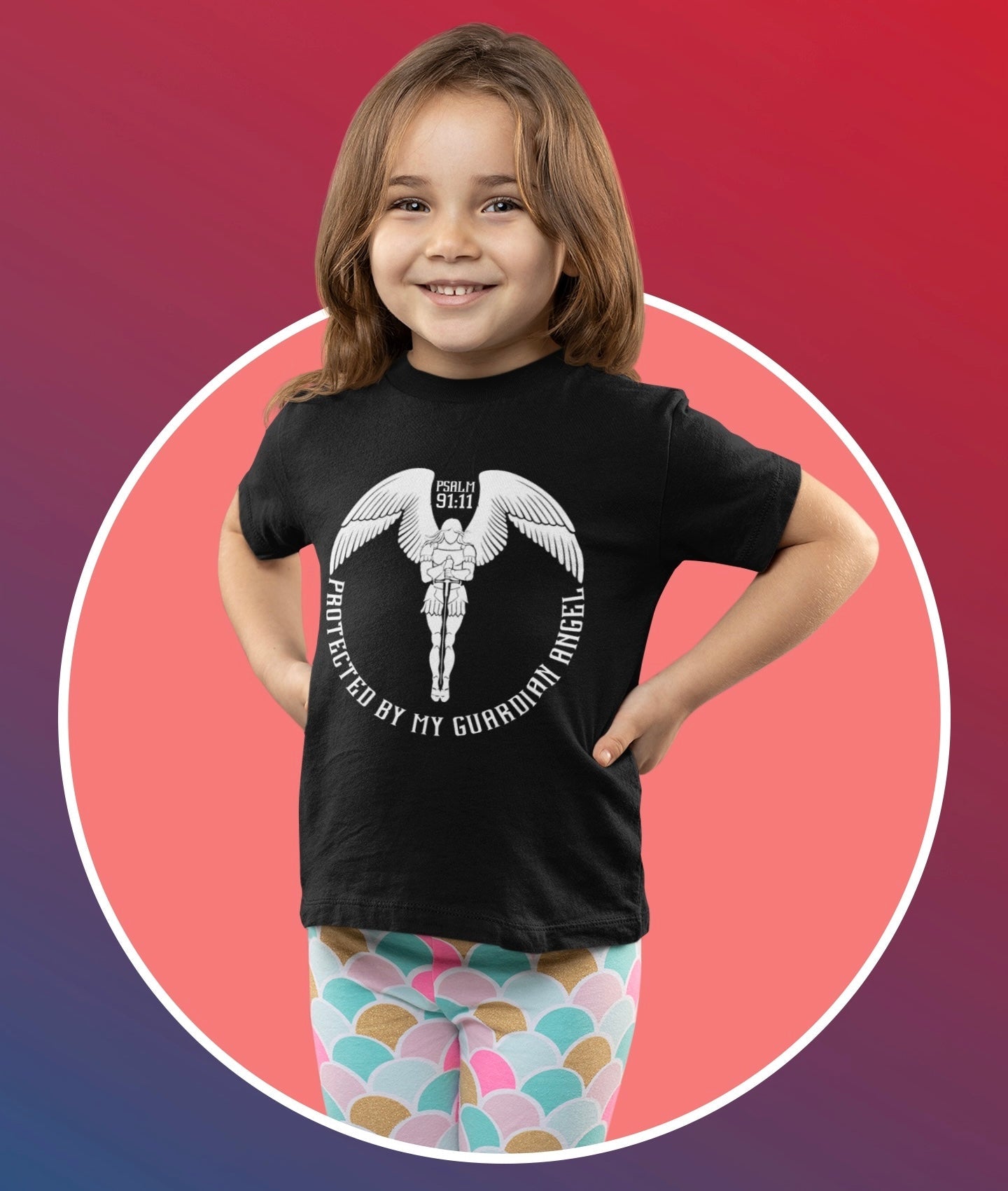 Protected By My Guardian Angel Organic Cotton Kids T-shirt ages 3-14 Black Psalms 91.11