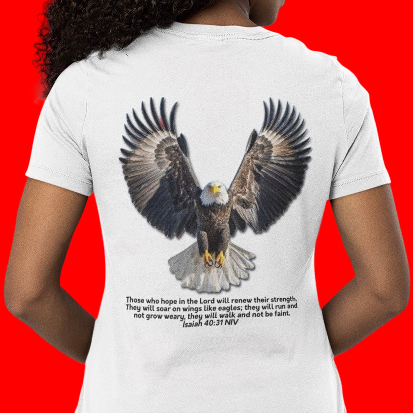 Person wearing a white t-shirt with an eagle design and Bible verse Isaiah 40:31 on the back, against a red background.
