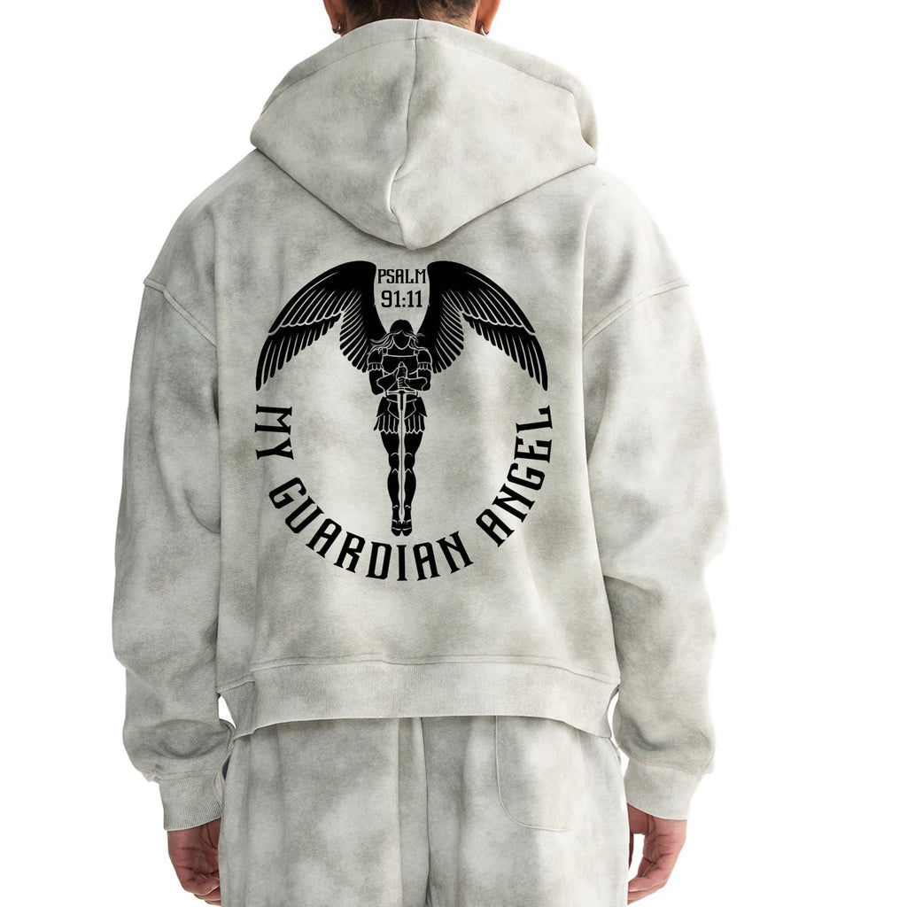 My Guardian Angel Retro Look Boxy Fit Zip-up Stone Washed Fleece Hoodie