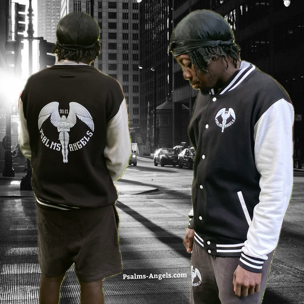 Psalms Angels Black & White Unisex Lightweight Letterman College Jacket CustomCat