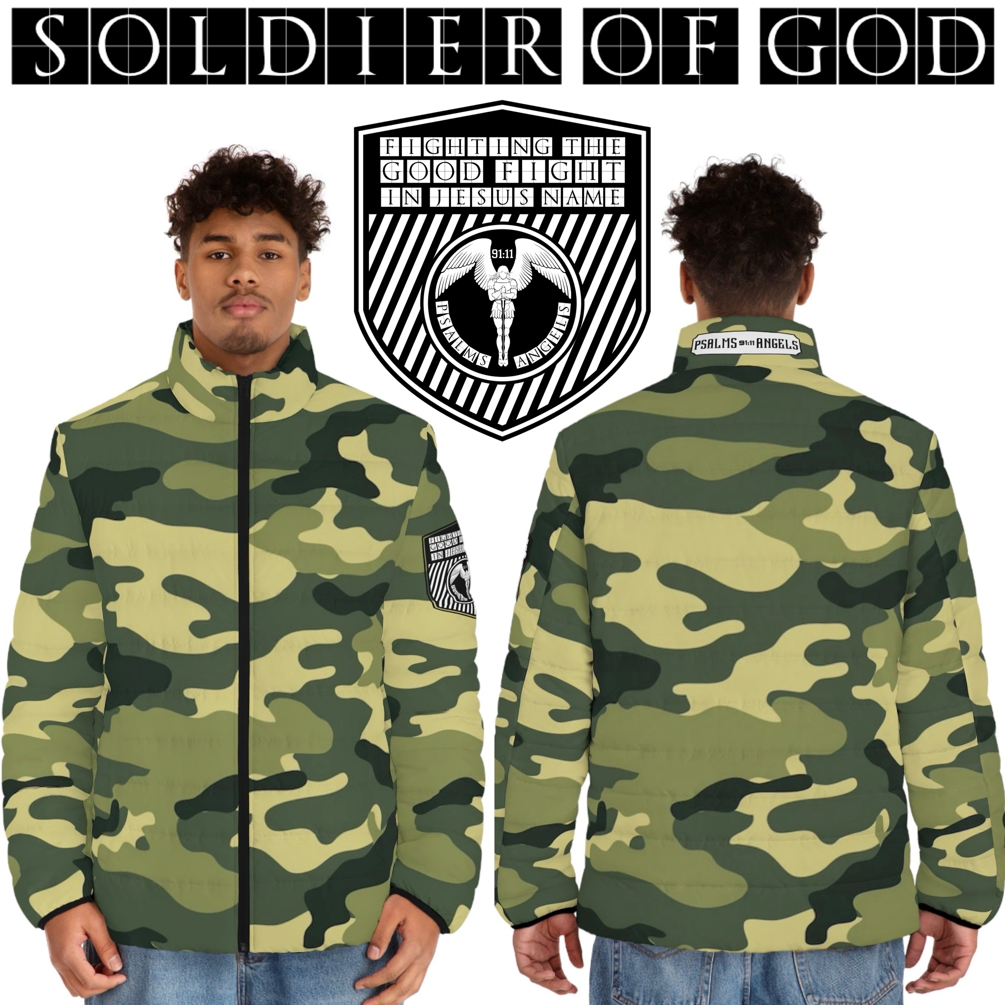 Psalms Angels Soldier Of God Men's Puffer Jacket - Camouflage Armour