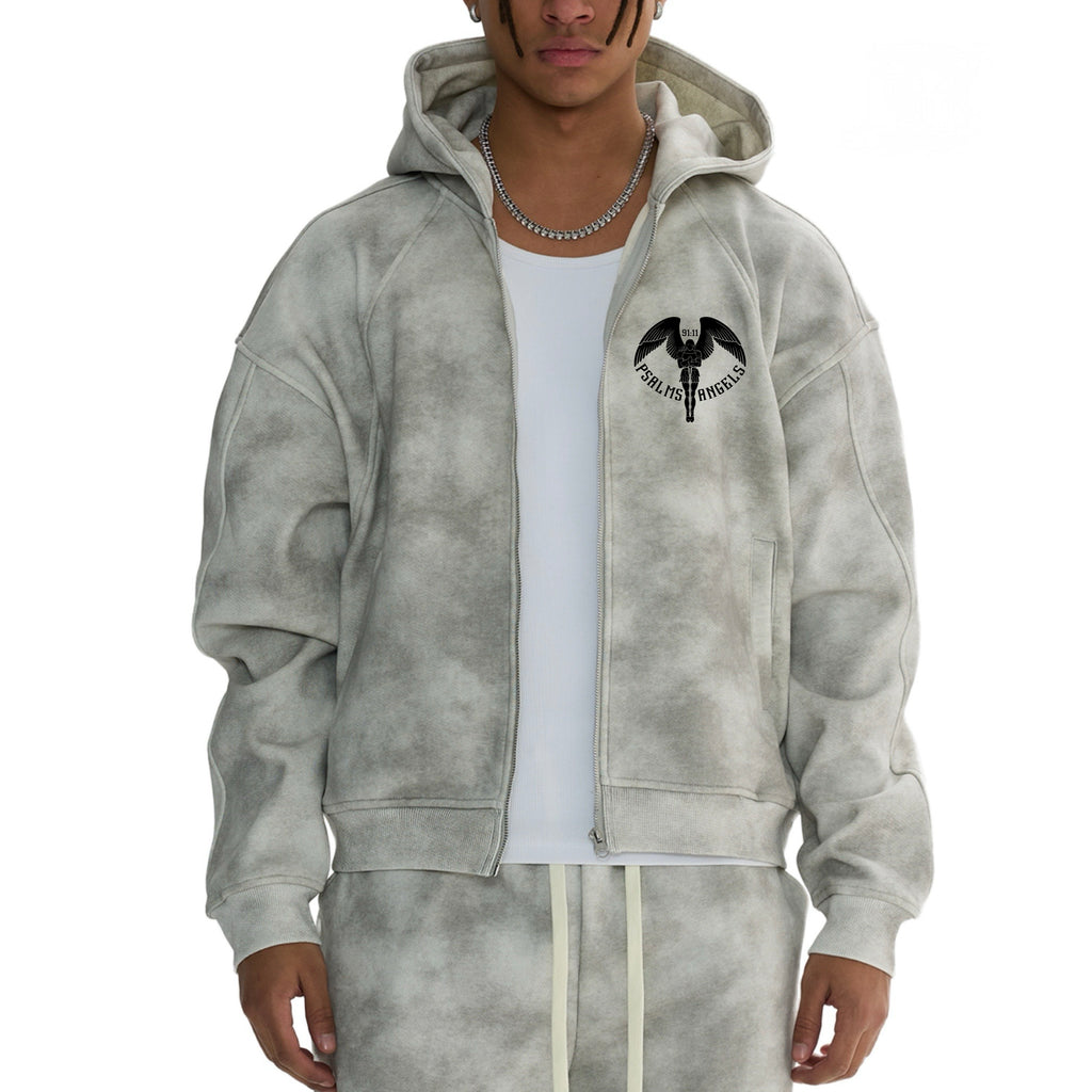 My Guardian Angel Retro Look Boxy Fit Zip-up Stone Washed Fleece Hoodie