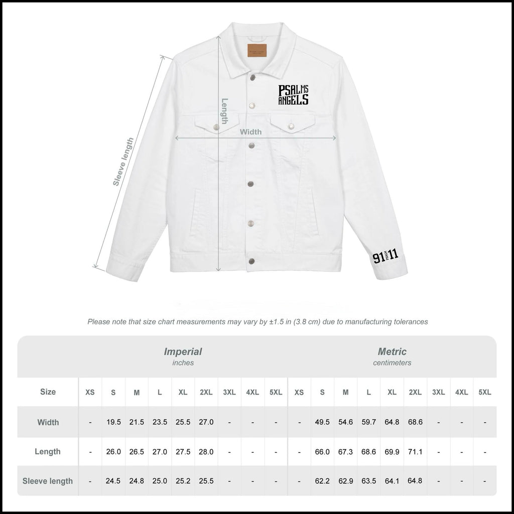 Unisex Denim Jacket with Unique Psalms Angels Embroidery - White Armour