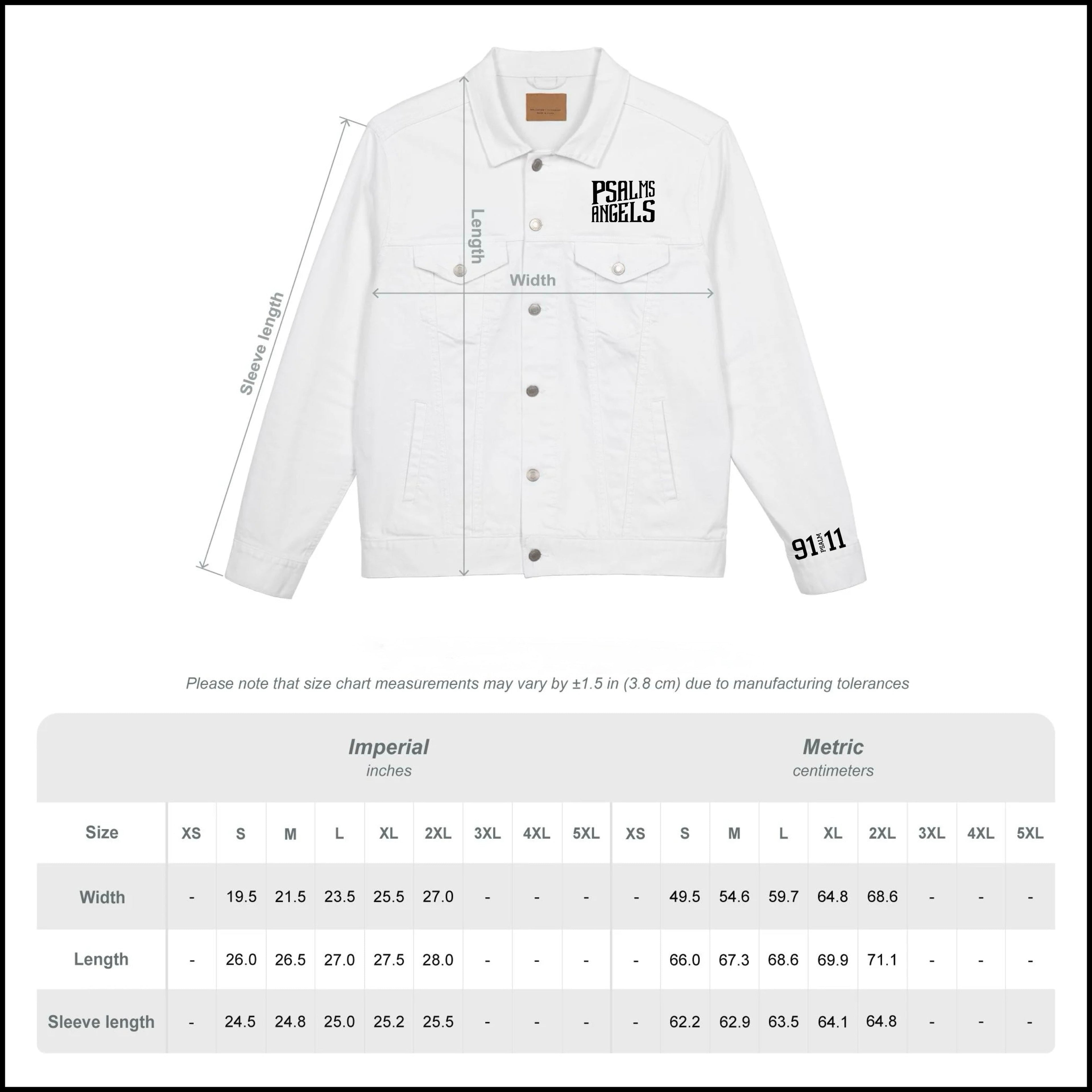 Unisex Denim Jacket with Unique Psalms Angels Embroidery - White Armour