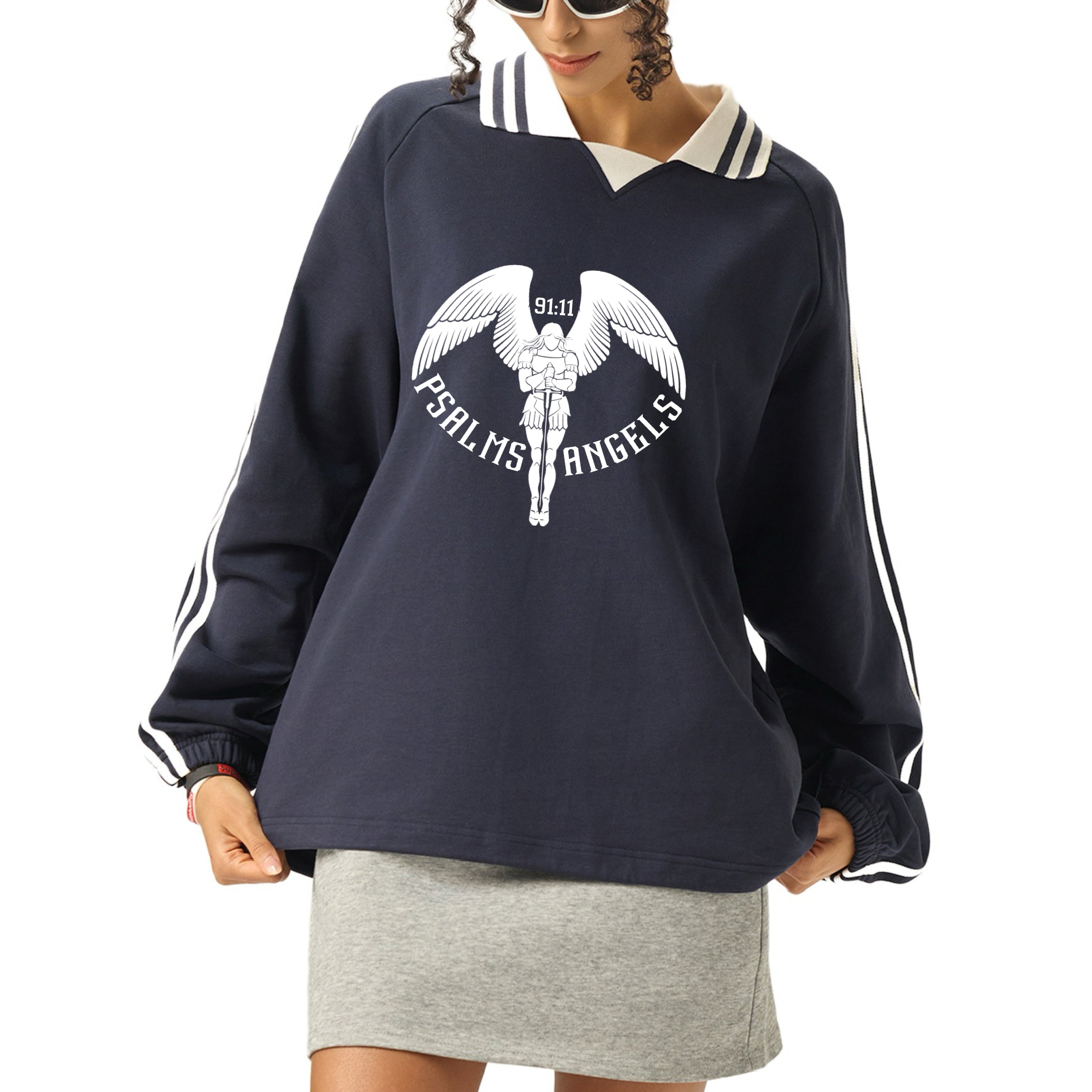 Psalms Angels Contrast Striped Lapel Collar Sweatshirt - Black & Royal Blue ODMPOD