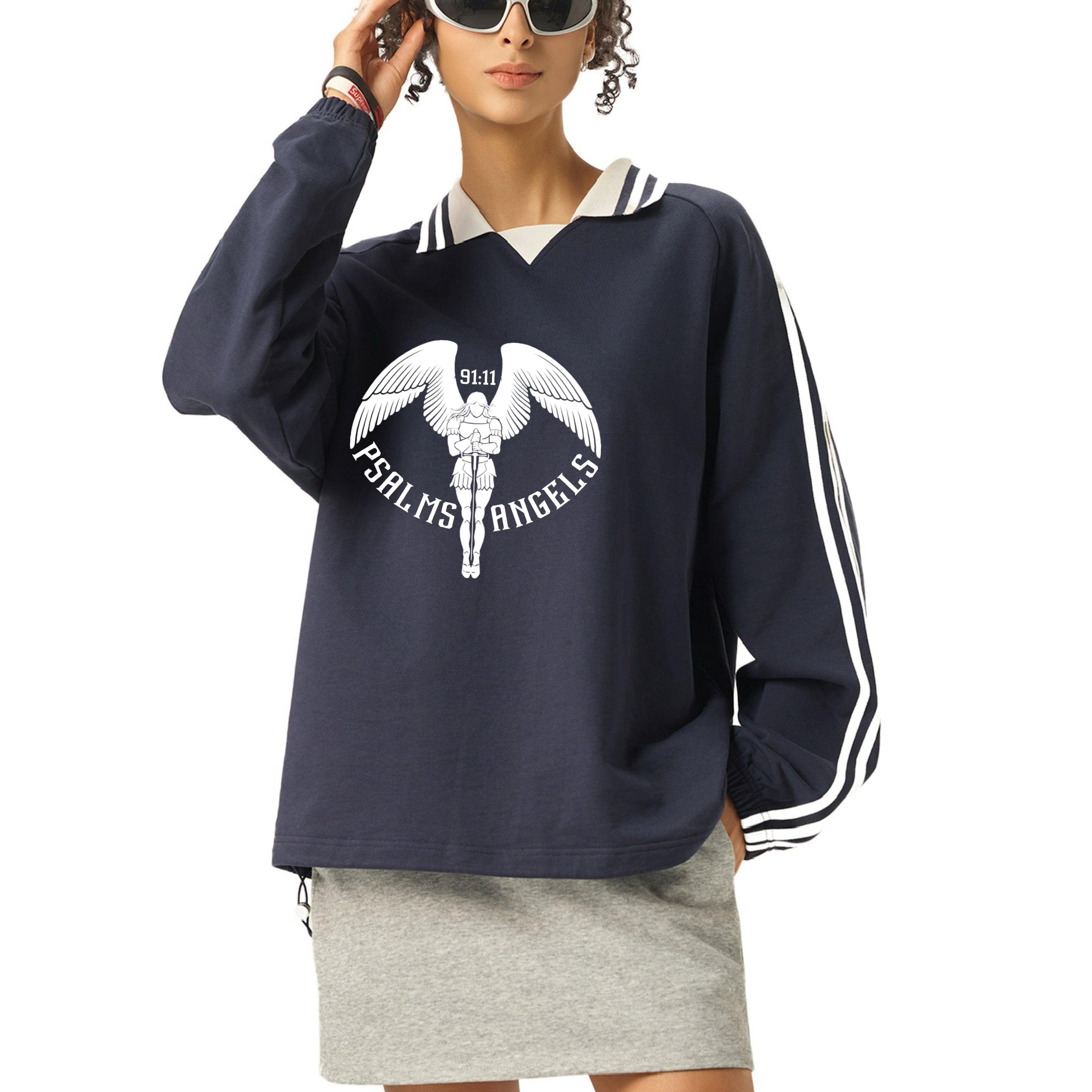 Psalms Angels Contrast Striped Lapel Collar Sweatshirt - Black & Royal Blue ODMPOD