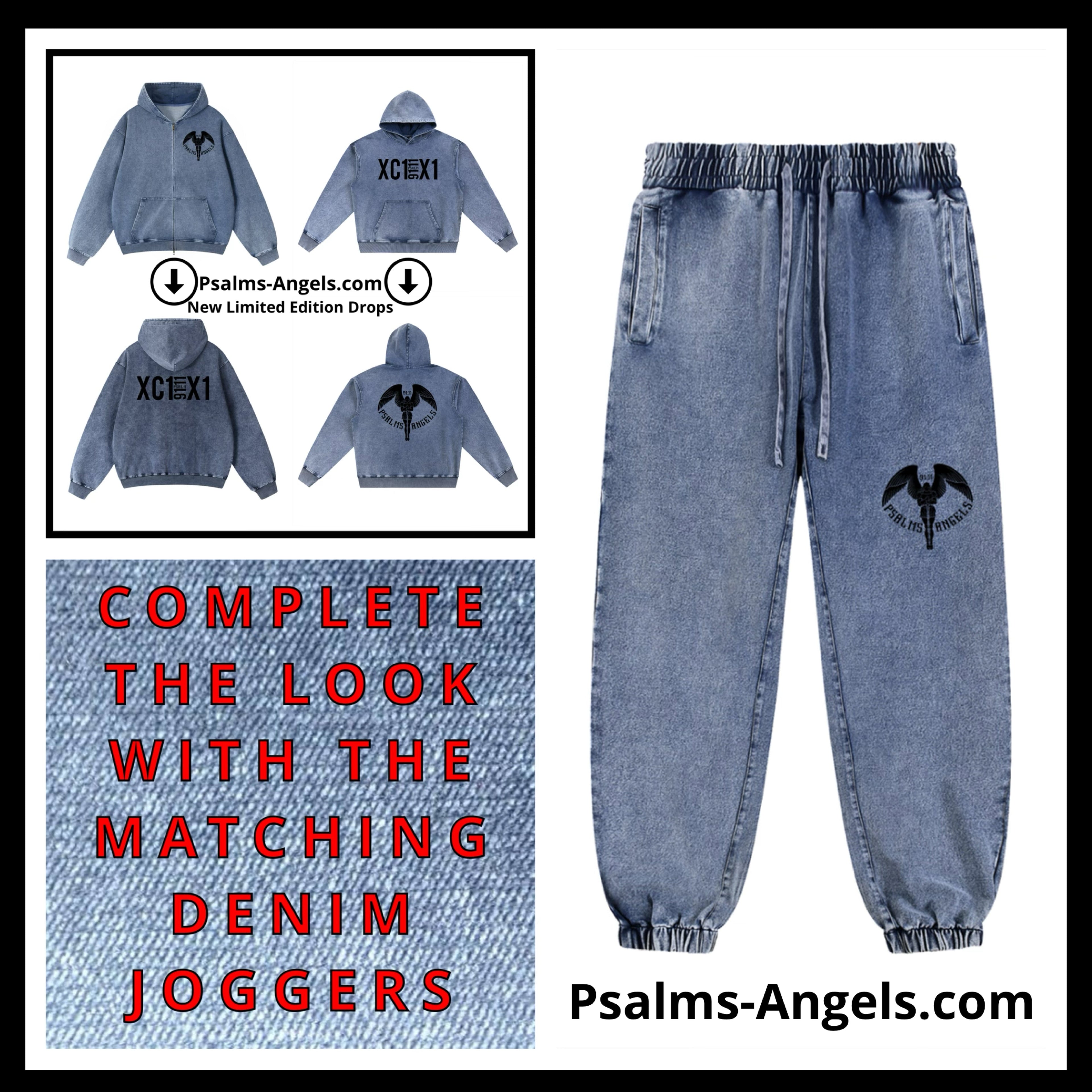 Psalm 91:11 Roman Numeral Snow Wash Oversized Denim Hoodie ODMPOD