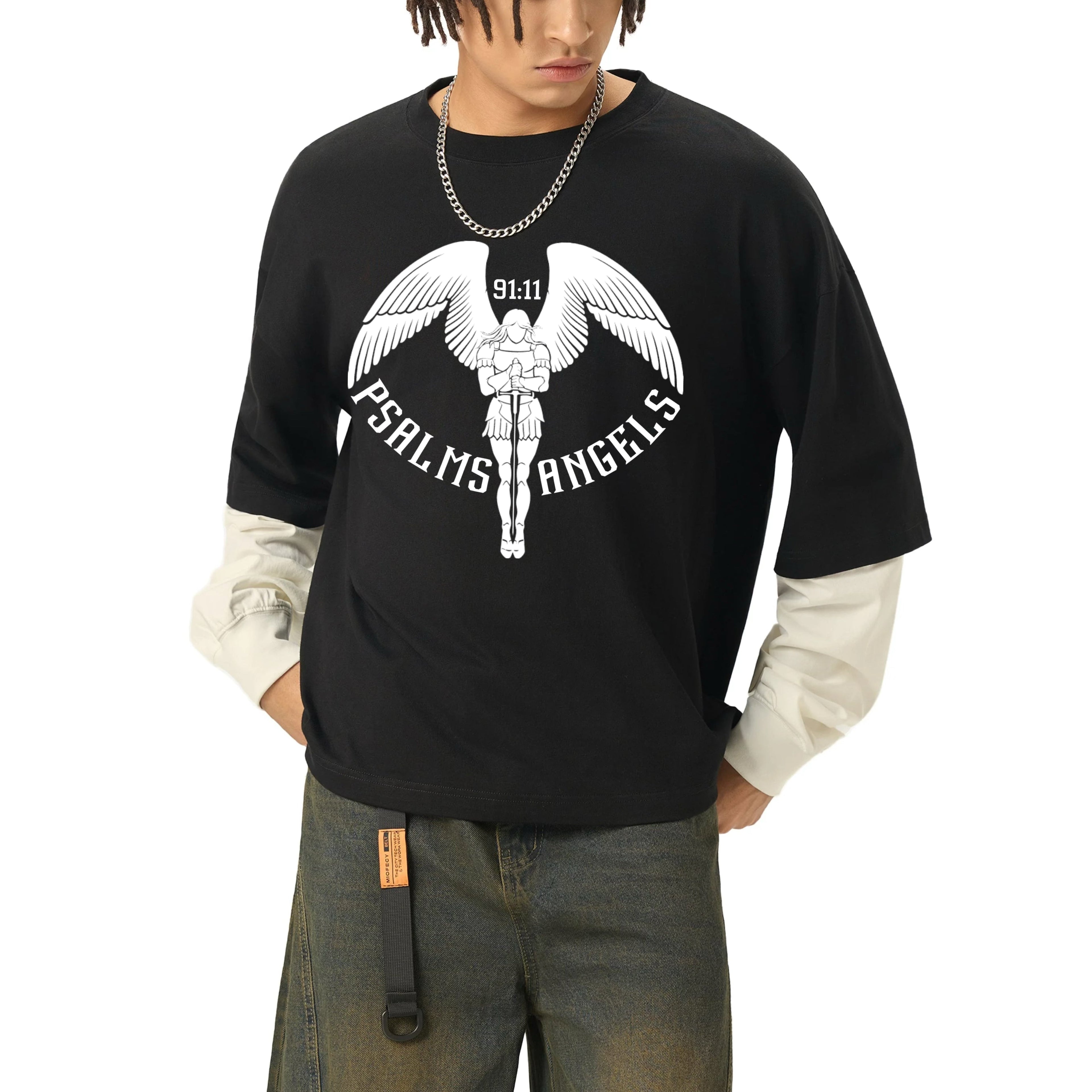 Psalms Angels Layered Contrast Sleeve Cotton T-Shirt ODMPOD