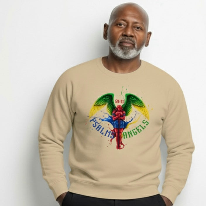 Man wearing a beige sweatshirt with a colourful Psalms Angels graphic design on a plain background