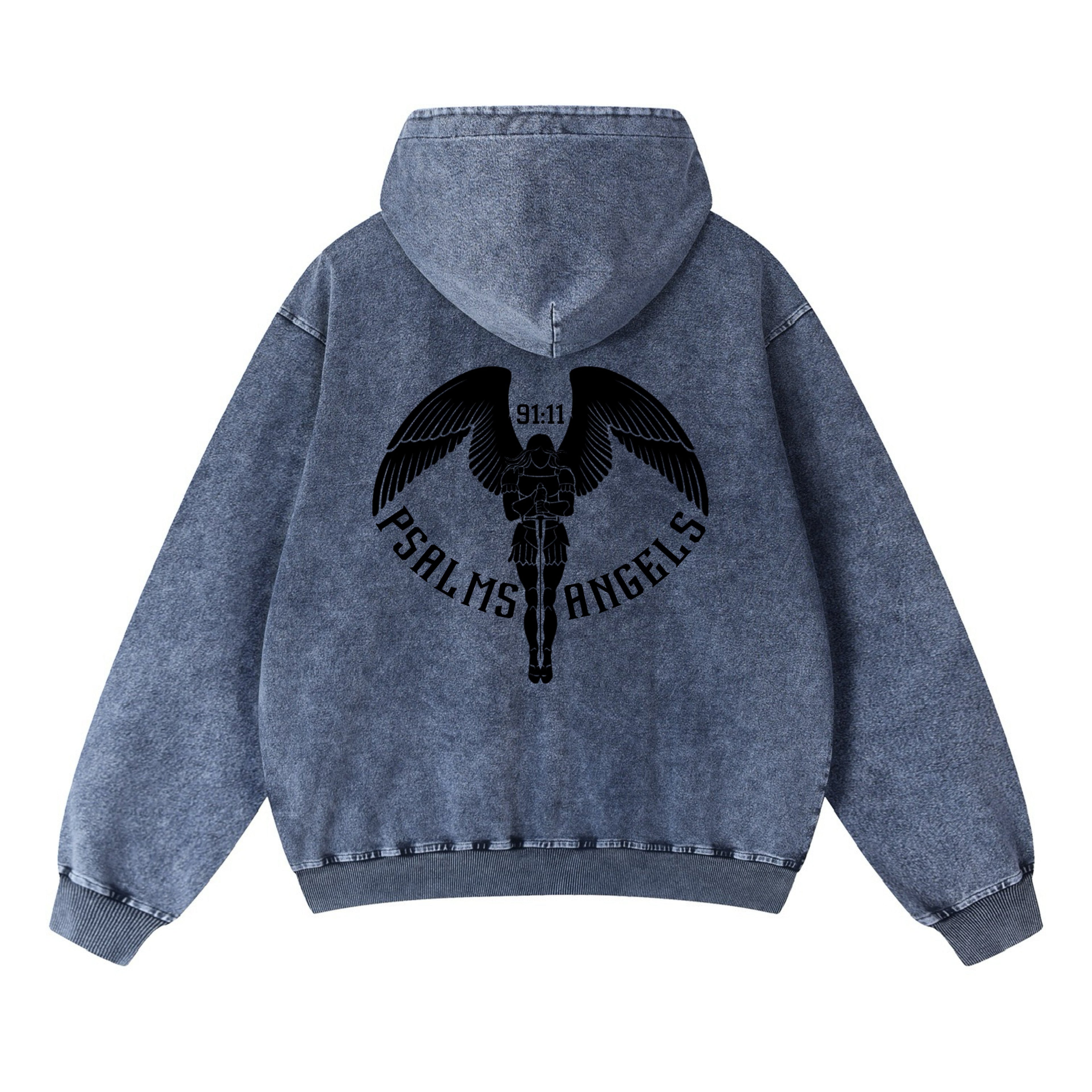 Psalm 91:11 Roman Numeral Snow Wash Oversized Denim Hoodie ODMPOD