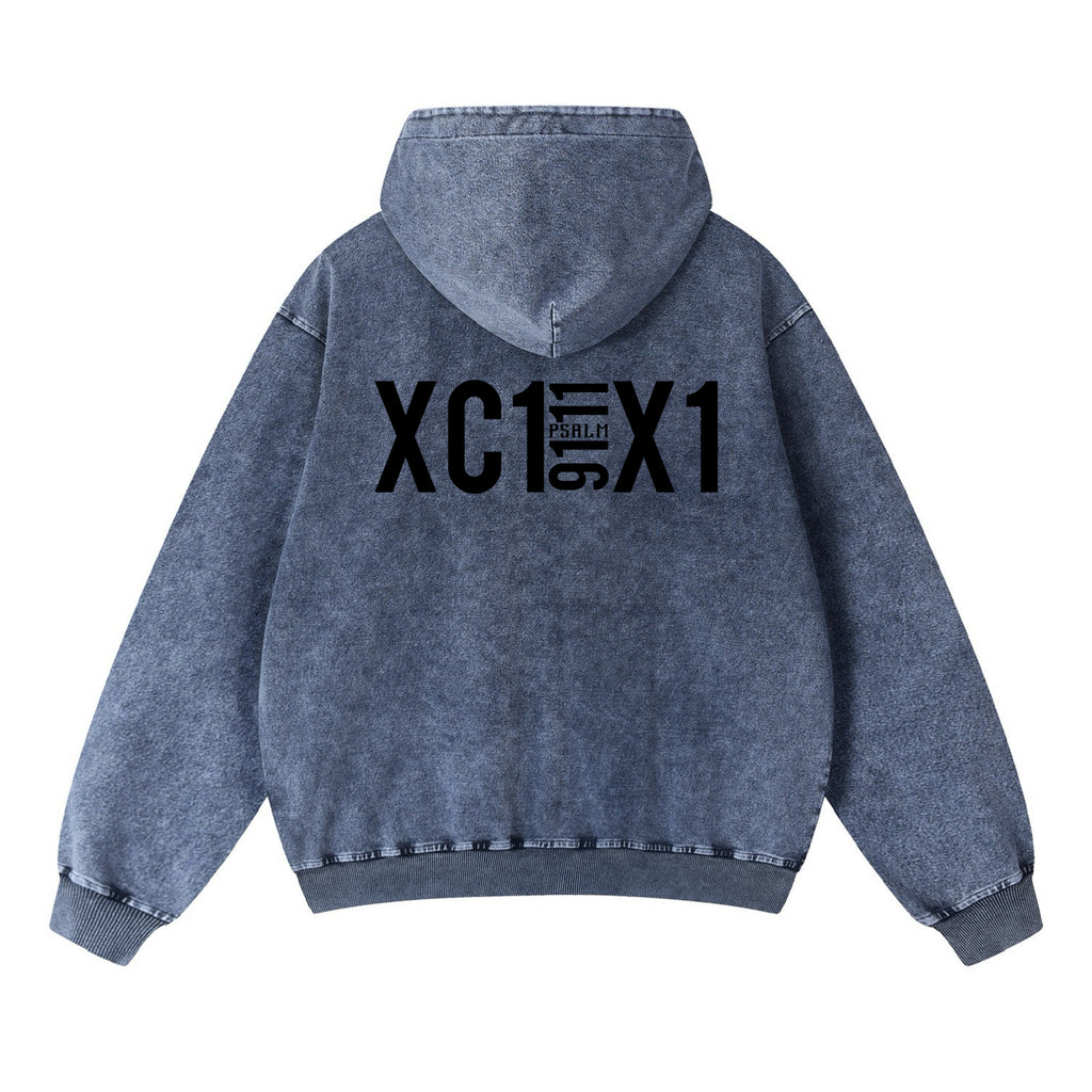 Psalm 91:11 Roman Numeral Snow Wash Oversized Zip-Up Hoodie ODMPOD