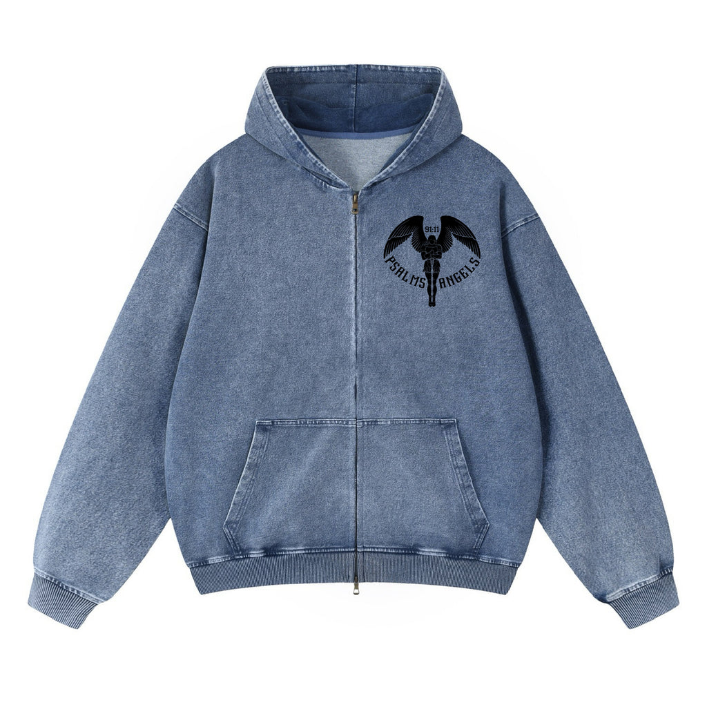 Psalm 91:11 Roman Numeral Snow Wash Oversized Zip-Up Hoodie ODMPOD