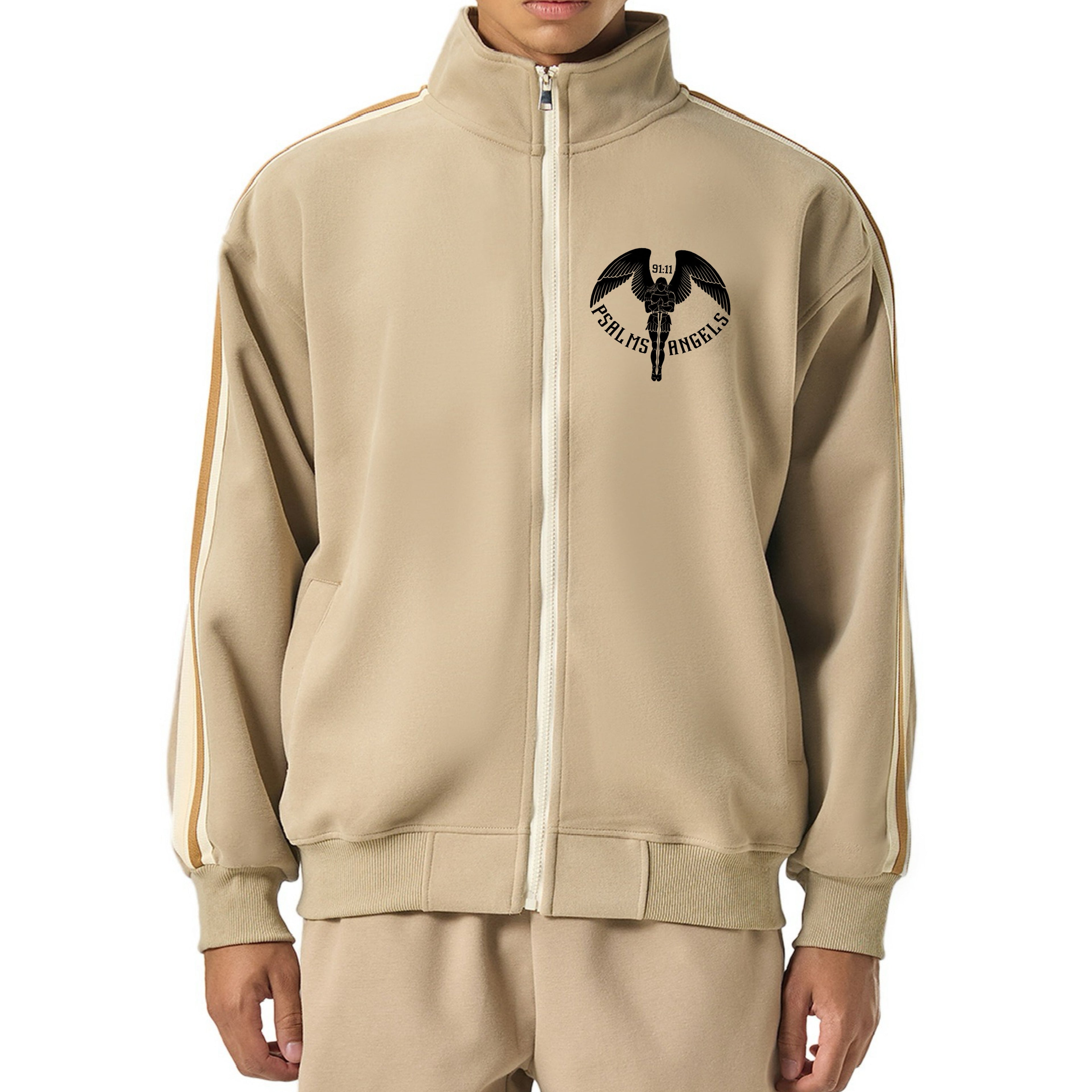 Contrast Side-Stripe Stand up Collar Jacket - Khaki ODMPOD