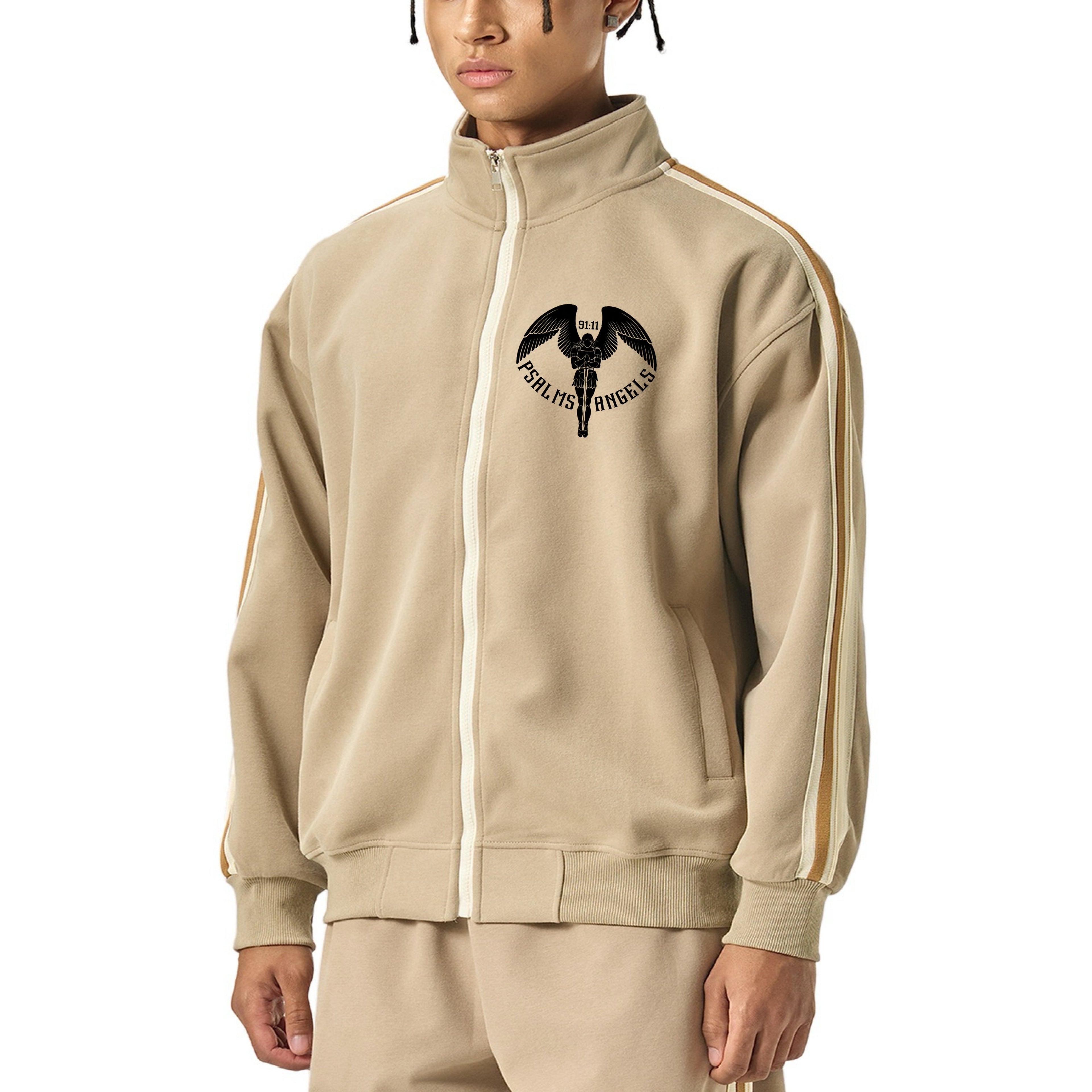 Contrast Side-Stripe Stand up Collar Jacket - Khaki ODMPOD