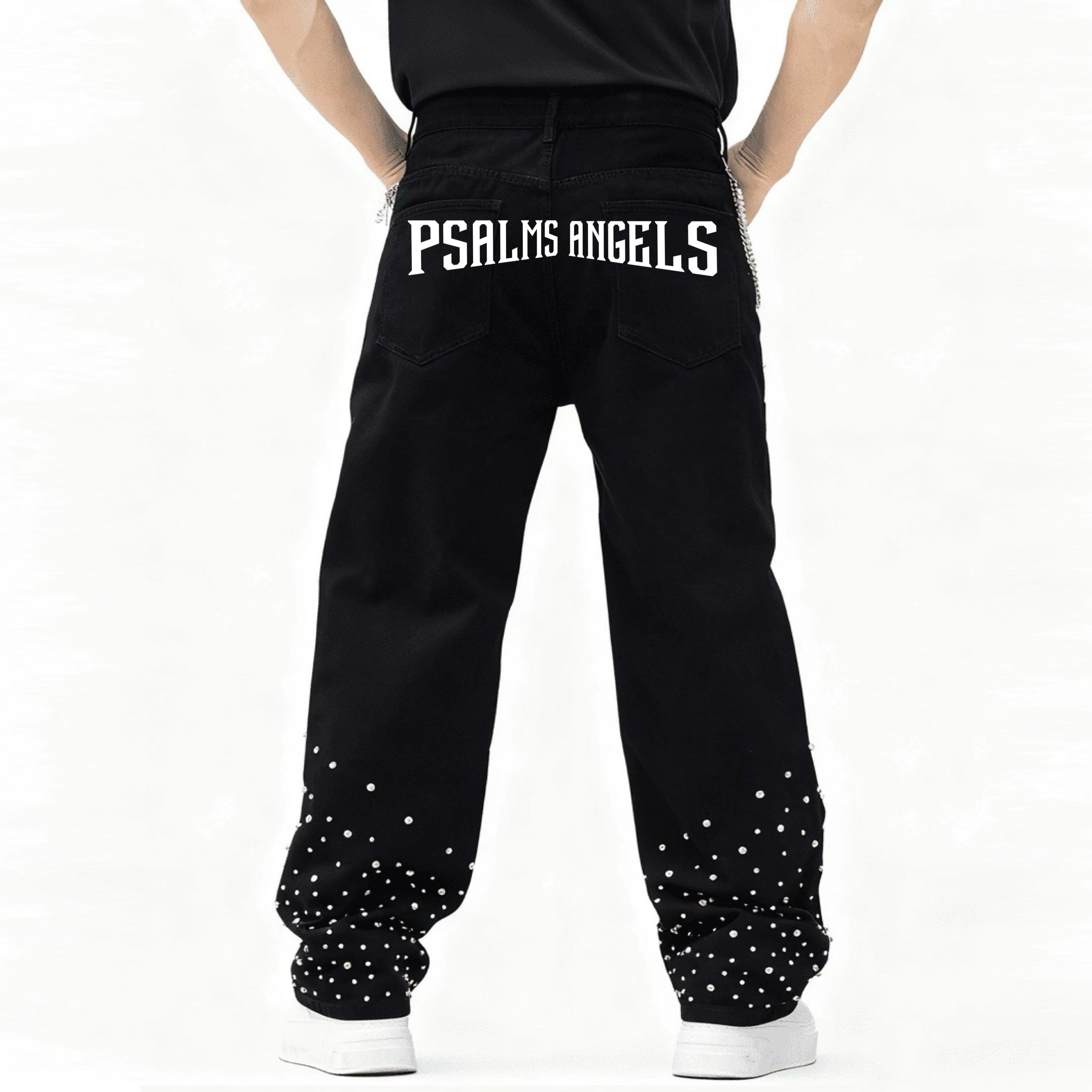 Unisex Rhinestone-Embellished Relaxed Straight Leg Black Denim Jeans Plus1