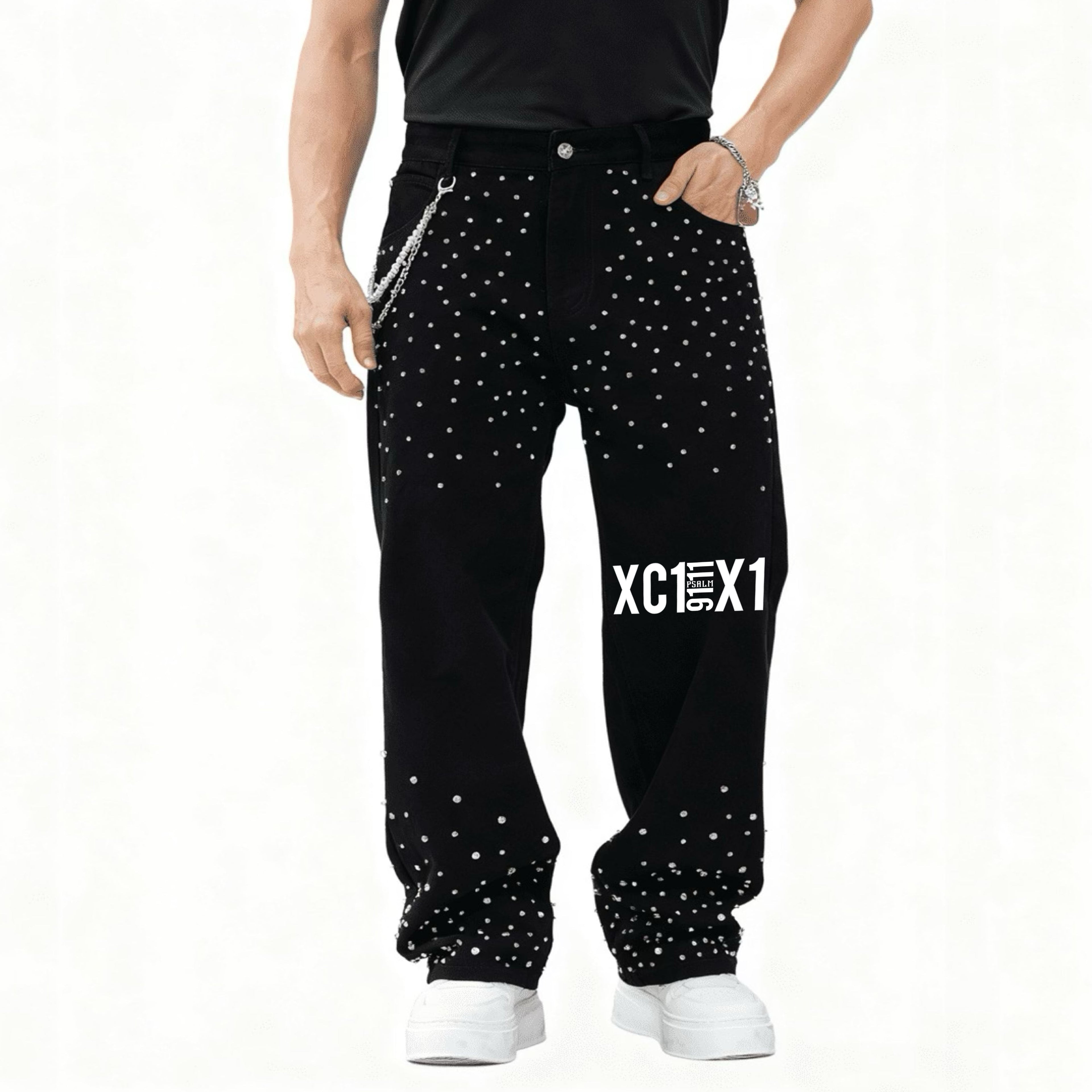 Unisex Rhinestone-Embellished Relaxed Straight Leg Black Denim Jeans Plus1