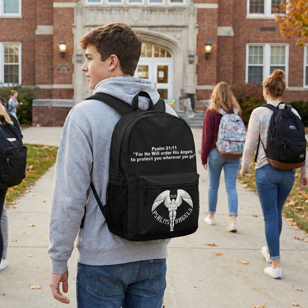 Spacious Laptop & Water Bottle Carrying Psalms Angels Black Backpack Psalms 118.1