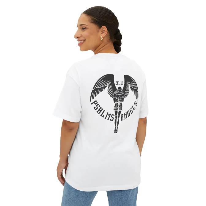 Psalms Angels Unisex Oversized Boxy Lux Rear Printed Teeshirt - White