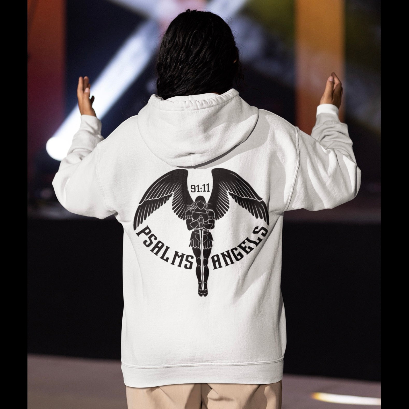 Psalm 91 white Unisex Premium Heavyweight 100% Organic Cotton Rear Printed Psalms Angels Hoodie