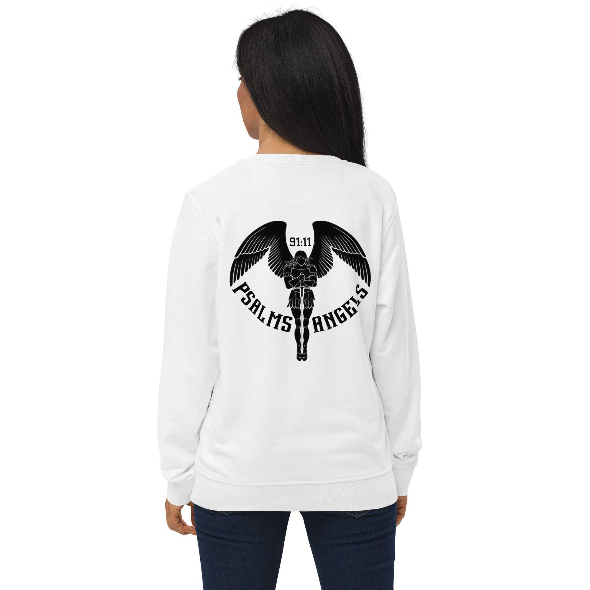 Psalms Angels Unisex Organic Cotton French Terry Knit Rear Printed Sweatshirt - White Psalms 91.11
