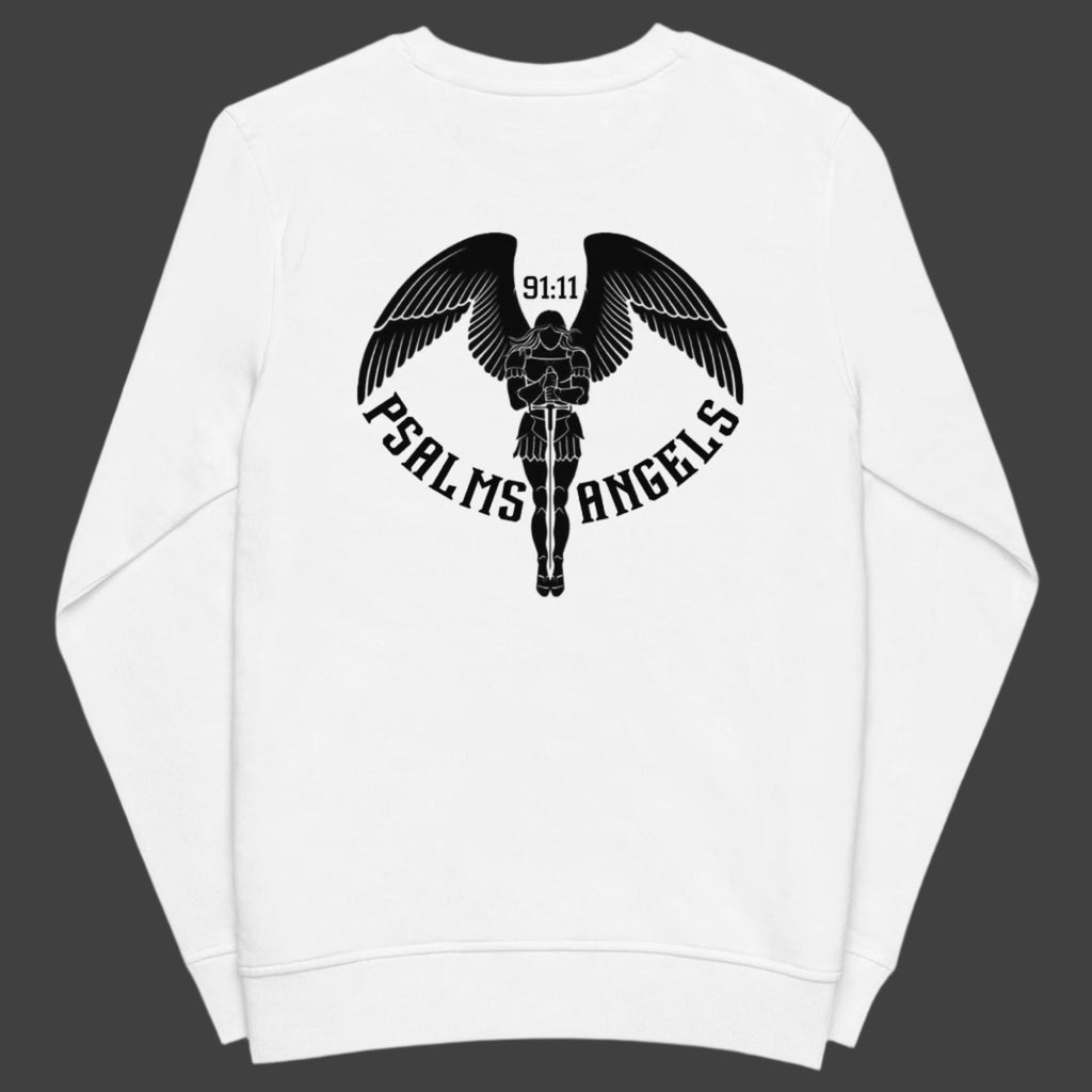Psalms Angels Unisex Organic Cotton French Terry Knit Rear Printed Sweatshirt - White Psalms 91.11