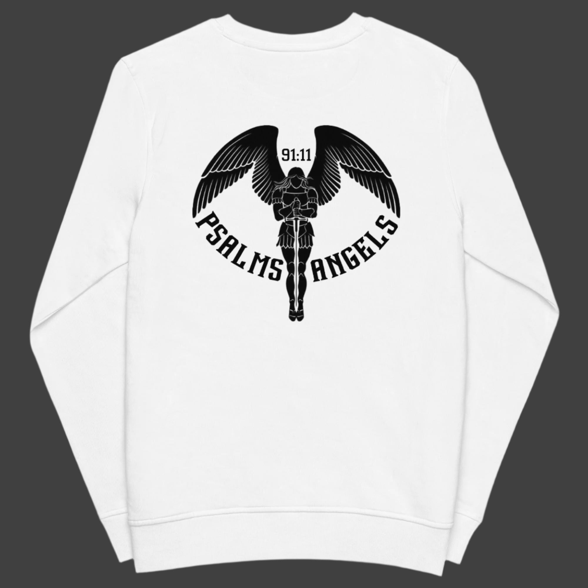 Psalms Angels Unisex Organic Cotton French Terry Knit Rear Printed Sweatshirt - White Psalms 91.11