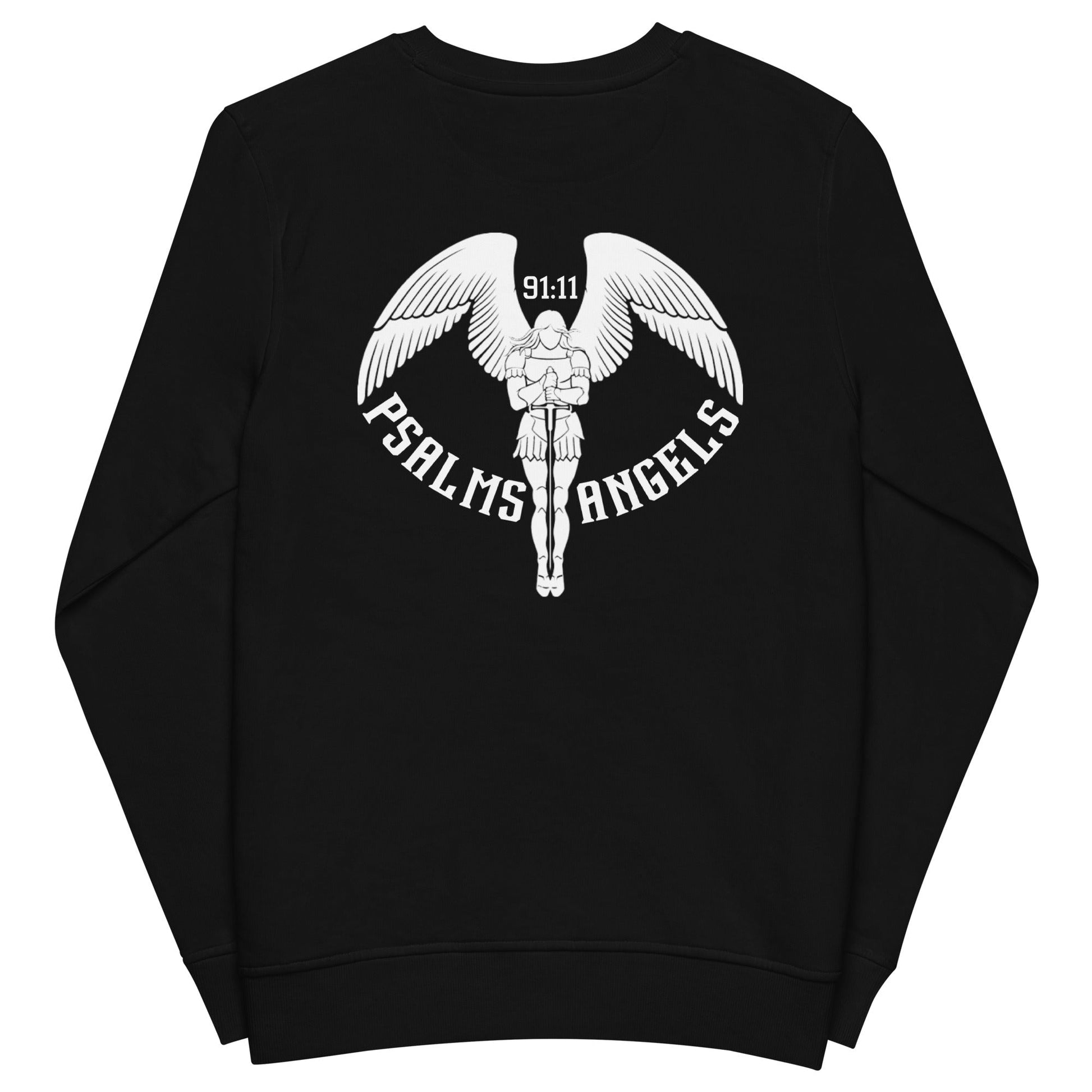 Psalms Angels Unisex Organic Cotton French Terry Knit Rear Printed Sweatshirt - Black Psalms 91.11