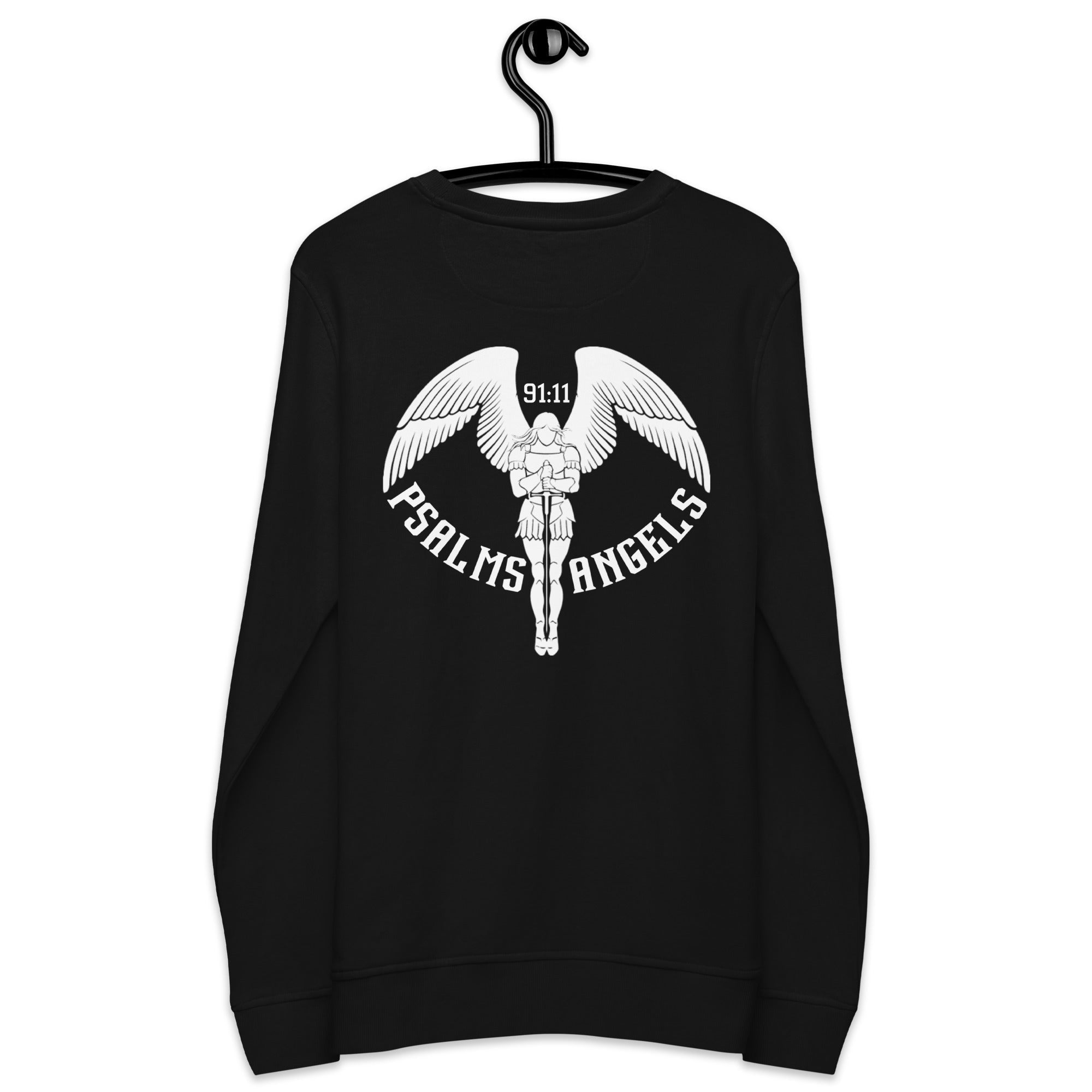 Psalms Angels Unisex Organic Cotton French Terry Knit Rear Printed Sweatshirt - Black Psalms 91.11