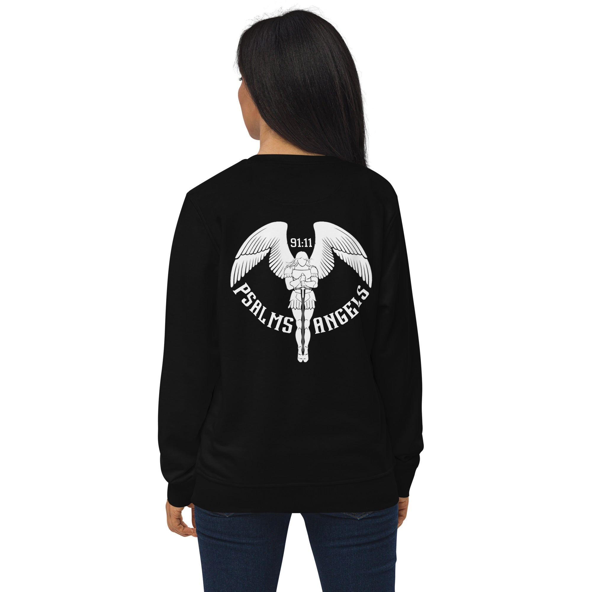 Psalms Angels Unisex Organic Cotton French Terry Knit Rear Printed Sweatshirt - Black Psalms 91.11