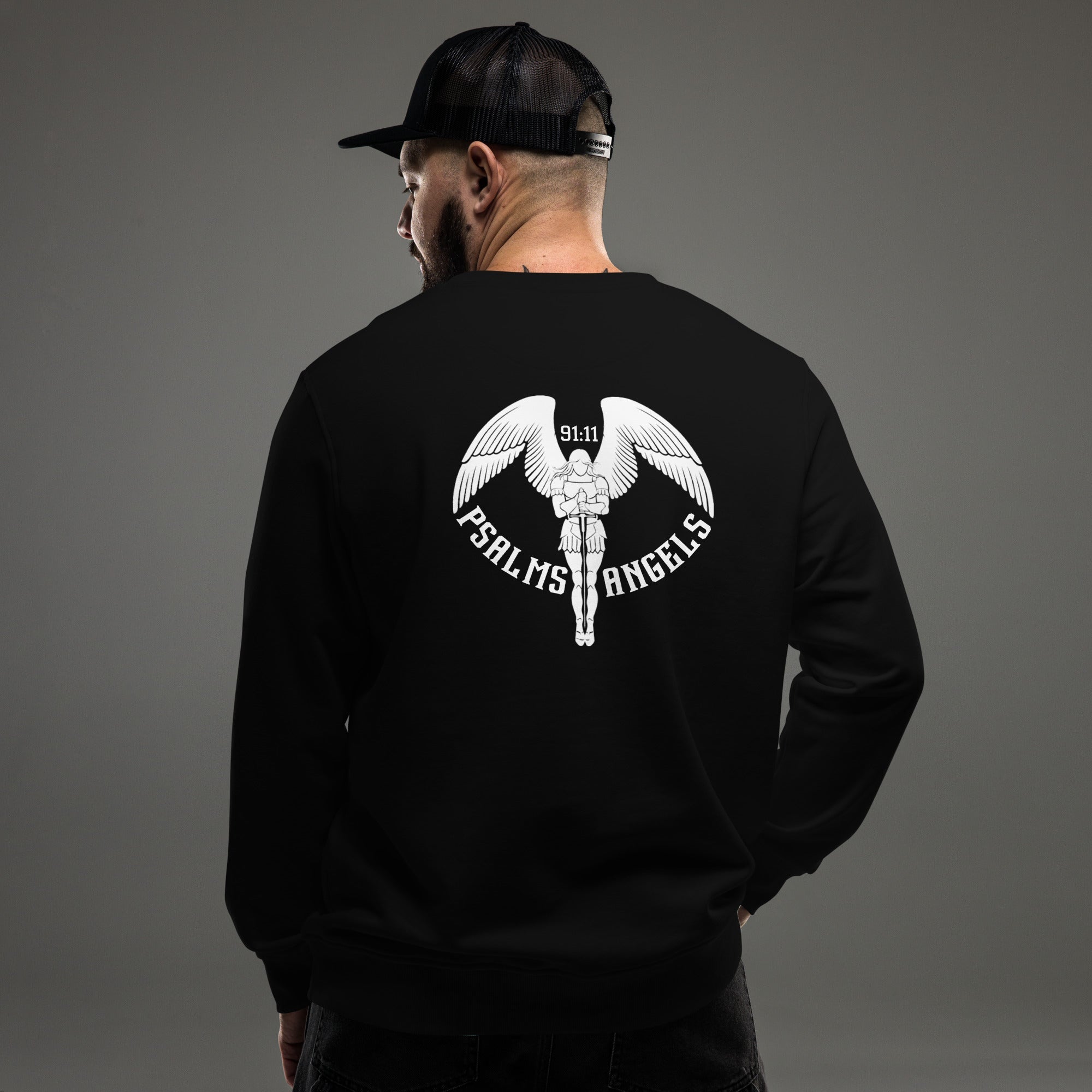 Psalms Angels Unisex Organic Cotton French Terry Knit Rear Printed Sweatshirt - Black Psalms 91.11