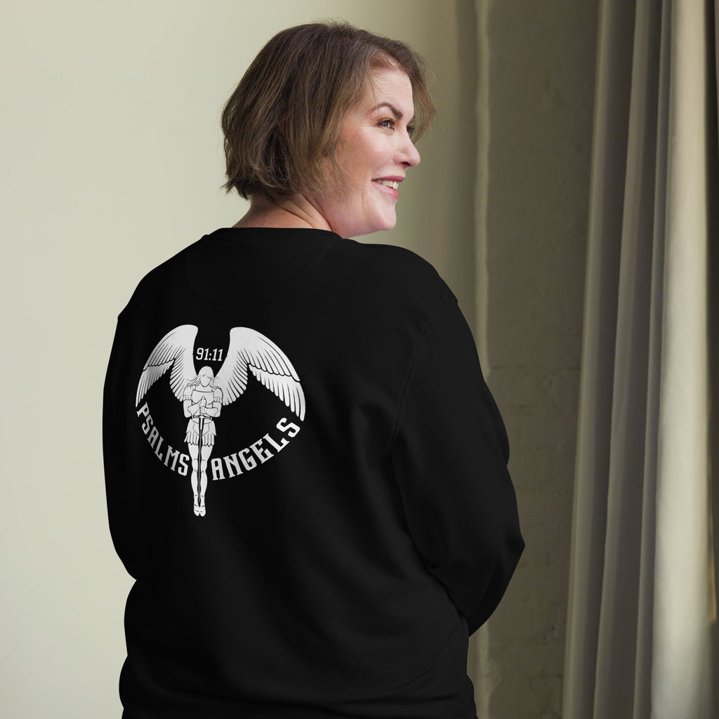 Psalms Angels Unisex Organic Cotton French Terry Knit Rear Printed Sweatshirt - Black Psalms 91.11