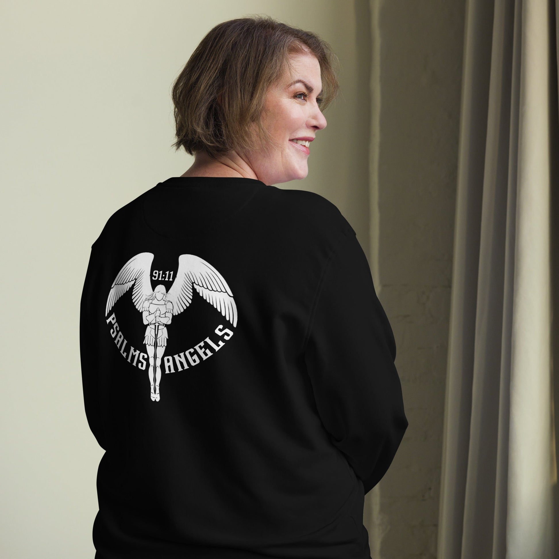 Psalms Angels Unisex Organic Cotton French Terry Knit Rear Printed Sweatshirt - Black Psalms 91.11