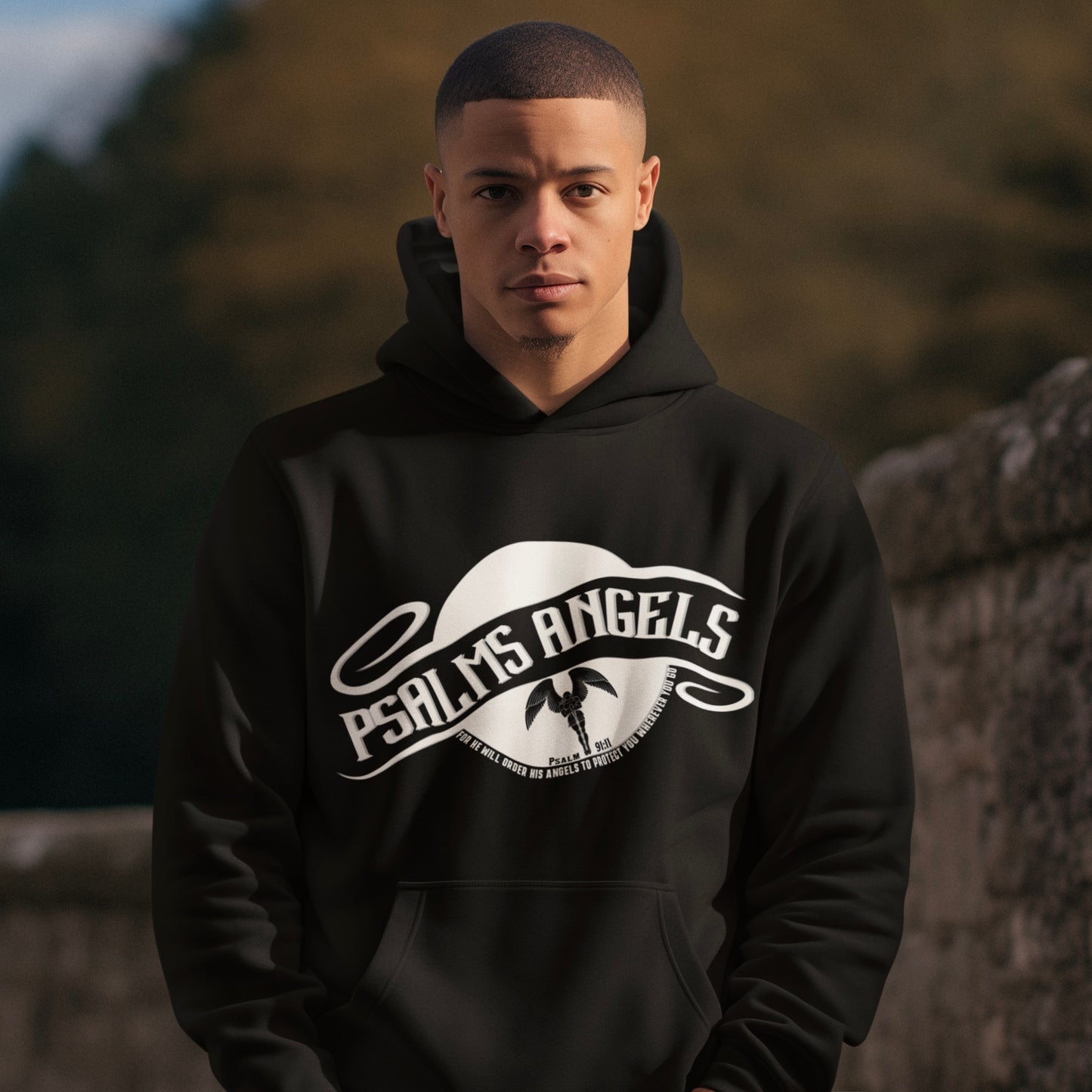 Psalm verse 91:11 black organic cotton hoodie