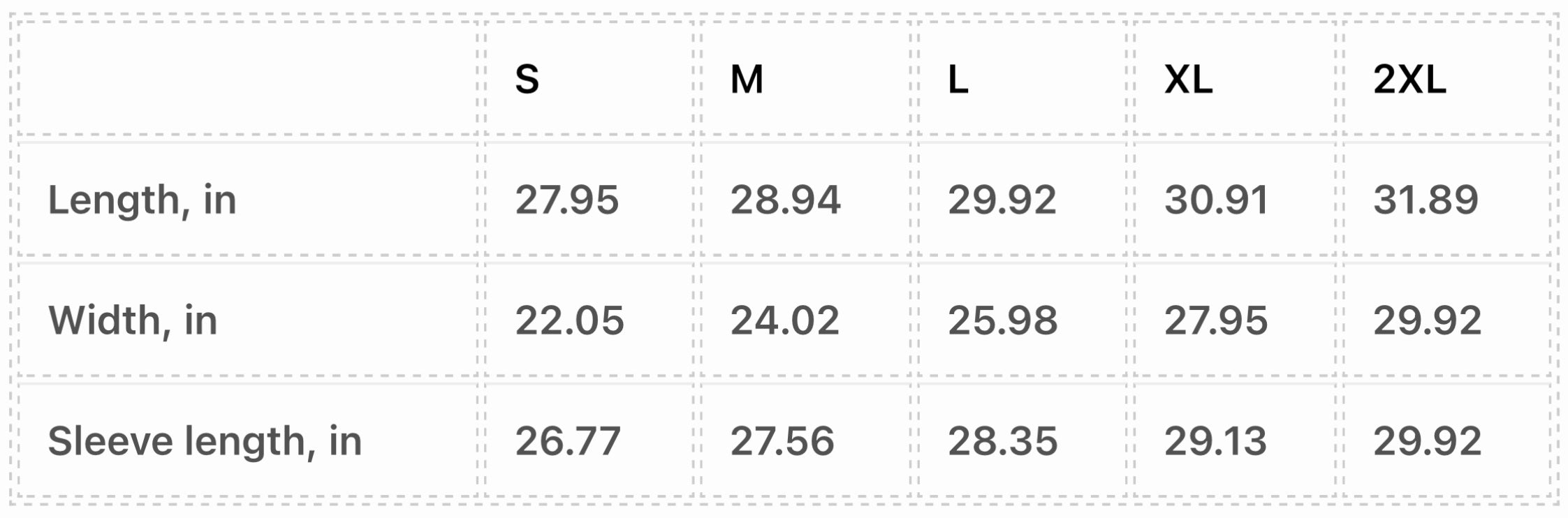 Psalms Angels Jacket size chart