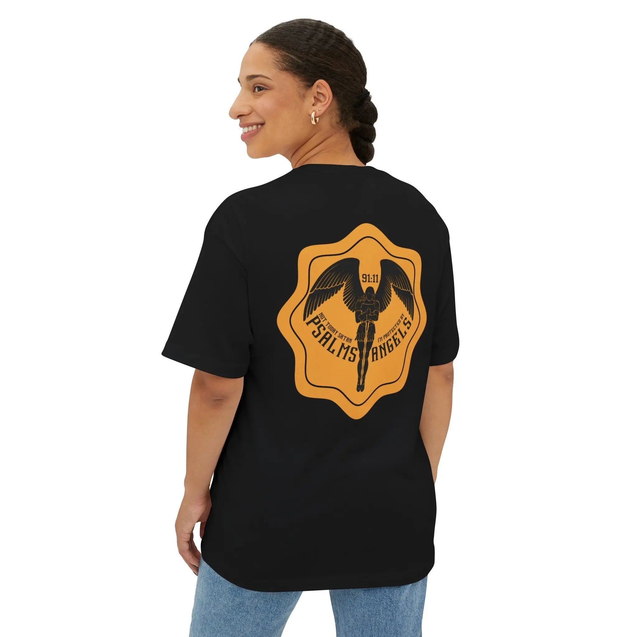 Not Today Satan I’m Protected By Psalms Angels Unisex Rear Printed Oversized Boxy Lux Tee - Black Armour