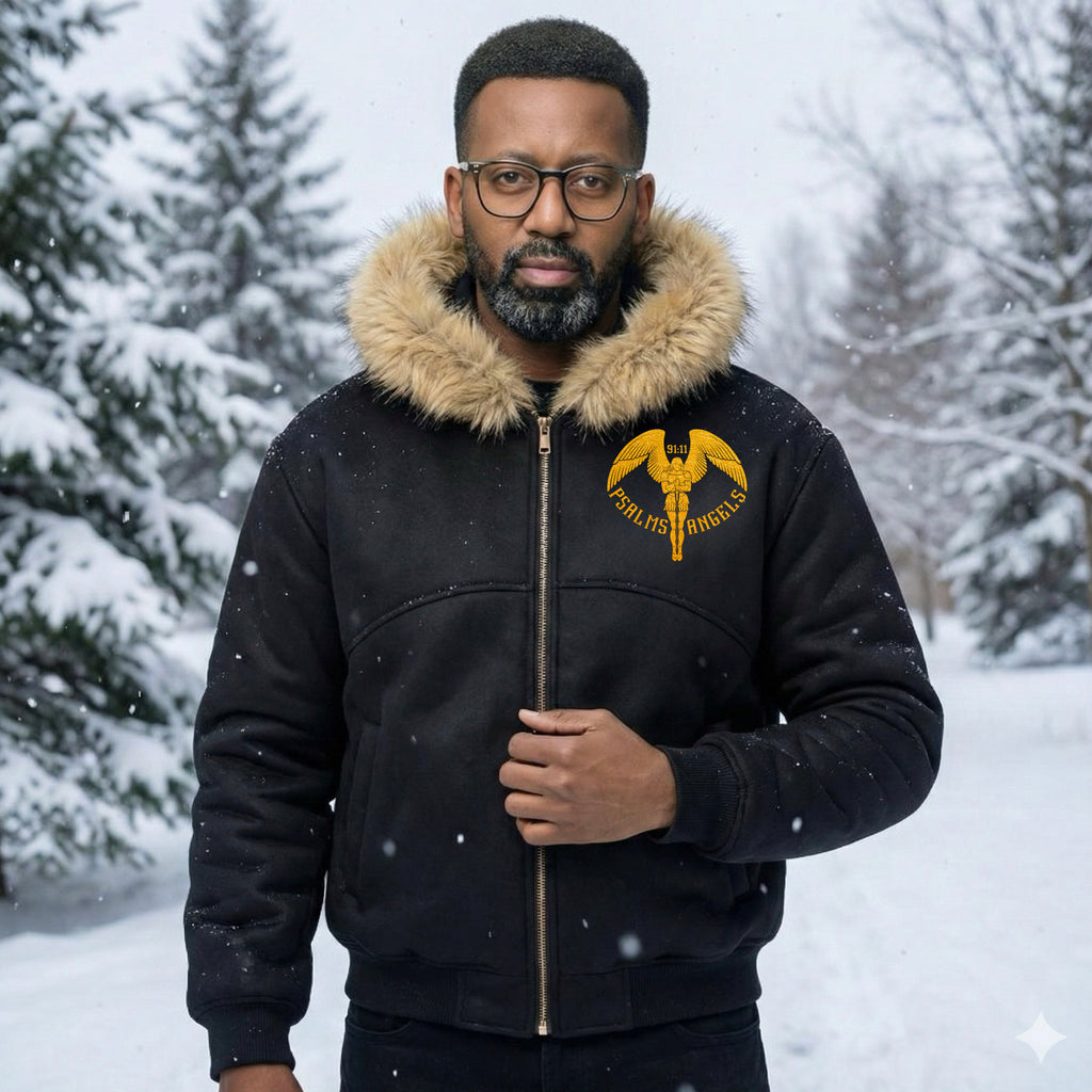 Man wearing a black Psalms Angel Logo jacket with a fur-lined hood in the snow
