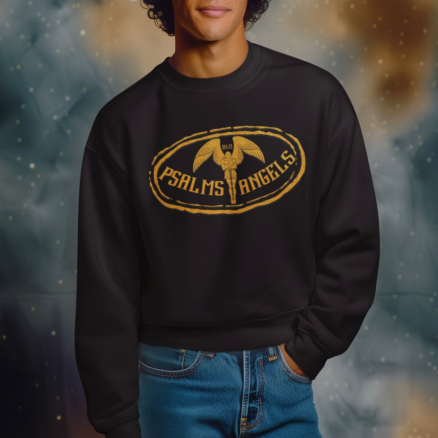 Person wearing a black sweatshirt with 'Psalms Angels' logo against a blurred background