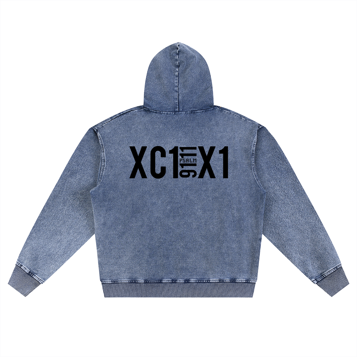 Blue denim hoodie with black roman numerals on the back referencing Psalm 91:11