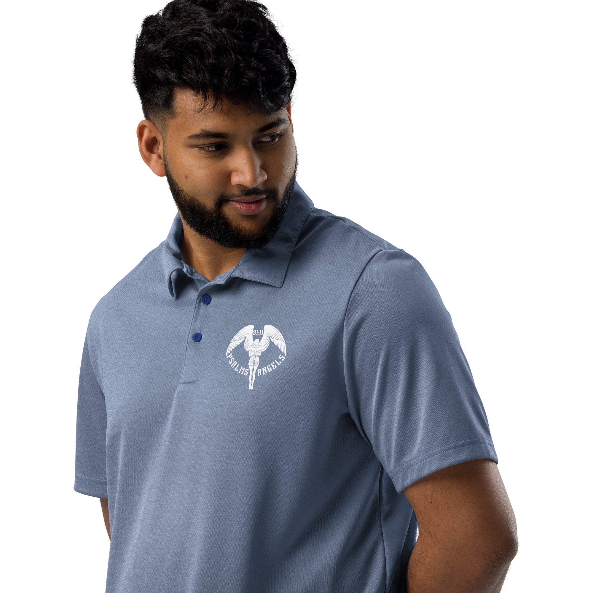 Co-branded Adidas Recycled Polyester Space-Dyed Polo Shirt - Black, Grey & Blue - Psalms-Angels.com