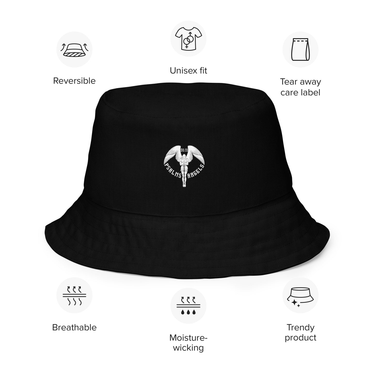 Psalm 91 black and white Psalms Angels reversible bucket hat