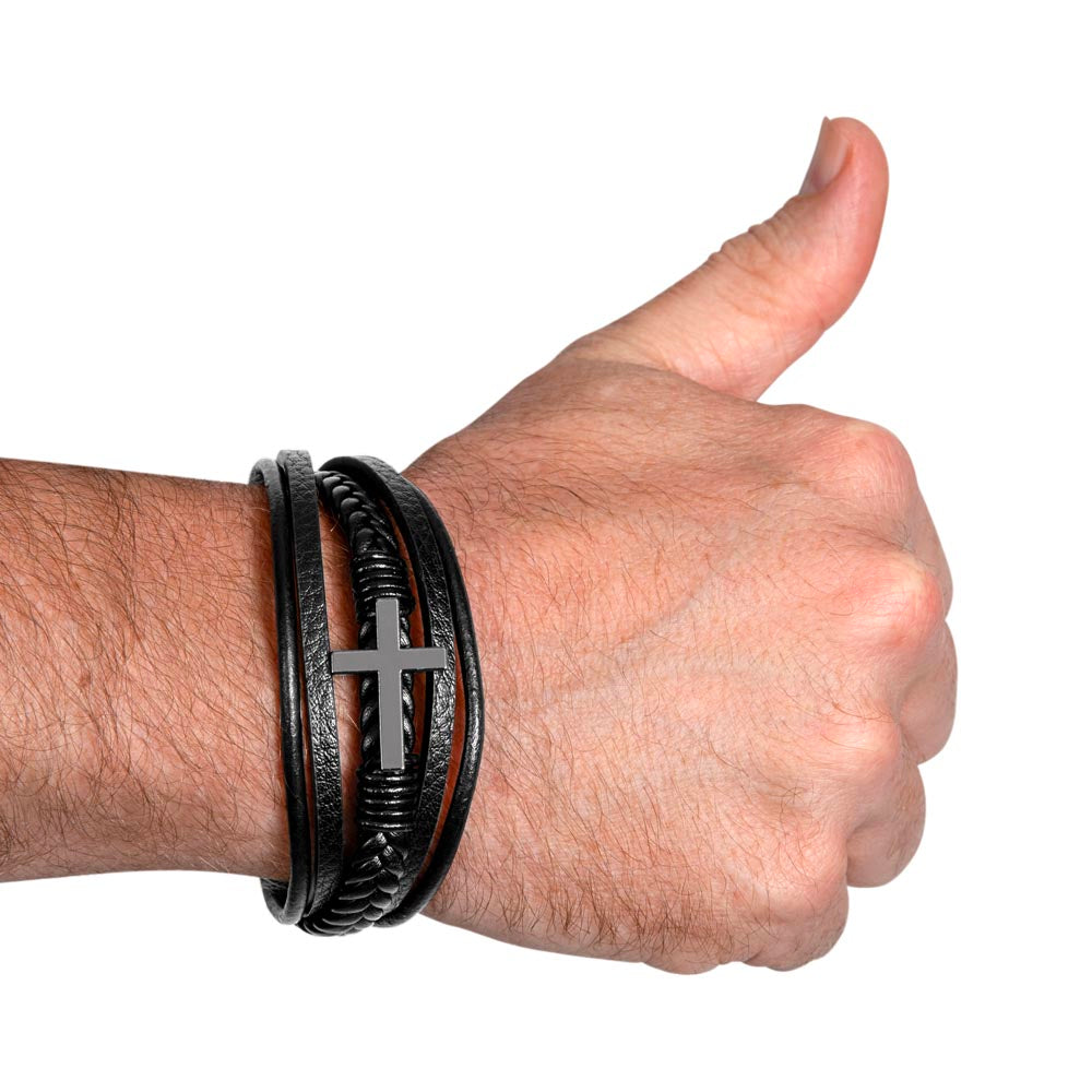 Men's Stainless Steel Cross With Vegan Faux Leather Bracelet