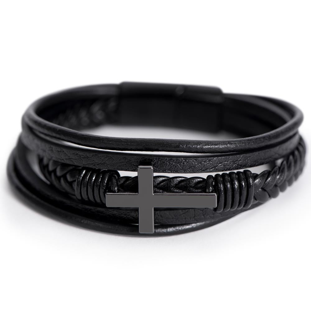 Men's Stainless Steel Cross With Vegan Faux Leather Bracelet