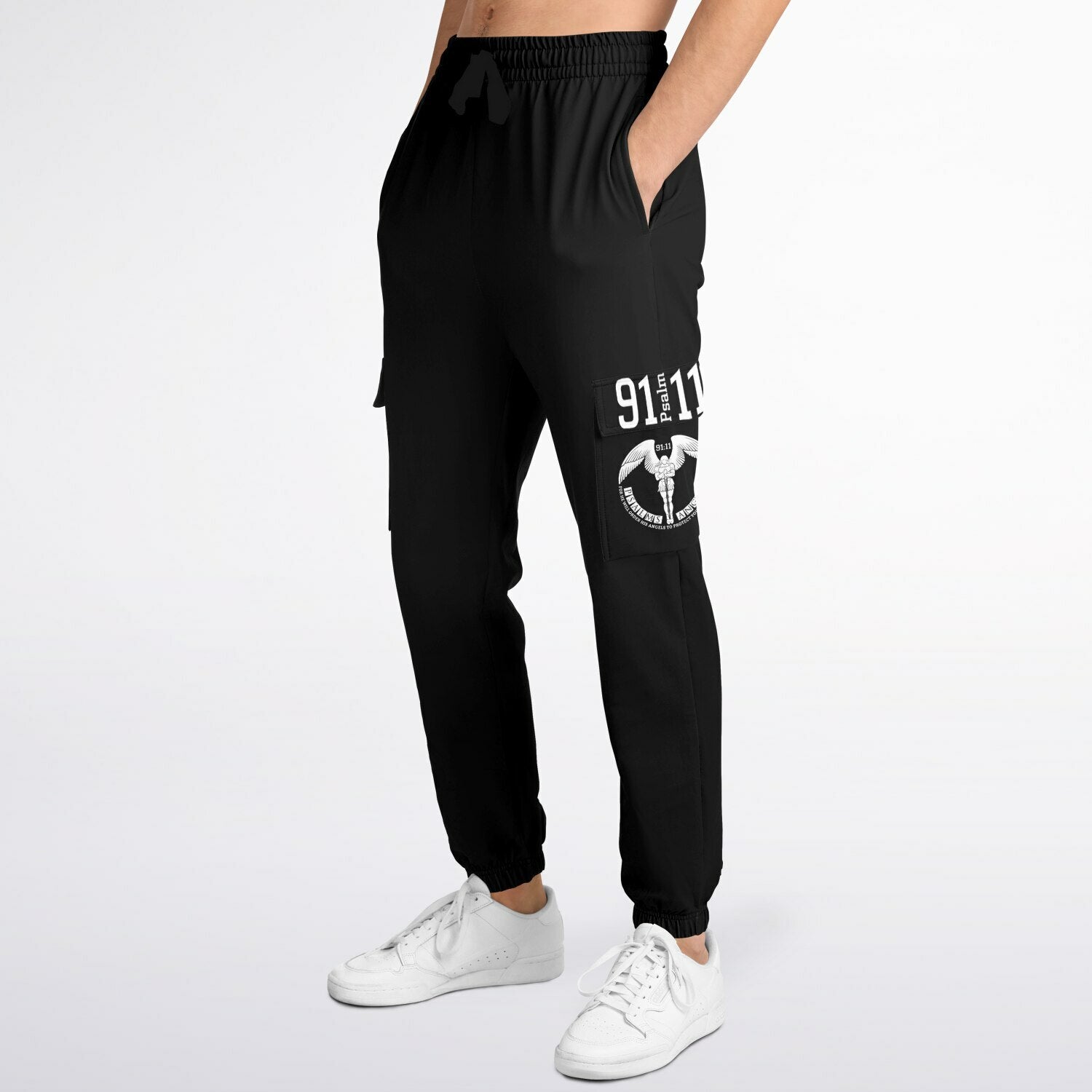 Psalms Angels 91:11 Unisex Vegan Friendly Recycled Polyester Athletic Cargo Sweatpants - Black Substantial