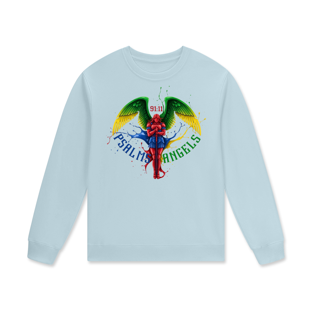 Light blue long-sleeve shirt with colourful Psalms Angels graphic design on a white background