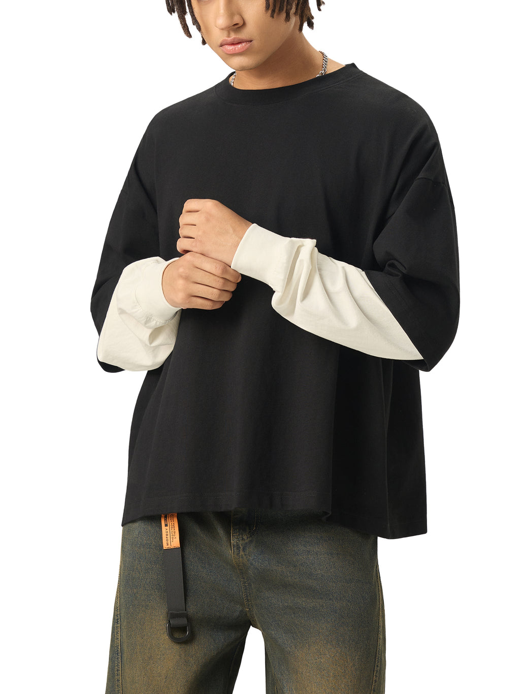 Psalms Angels Layered Contrast Sleeve Cotton T-Shirt ODMPOD