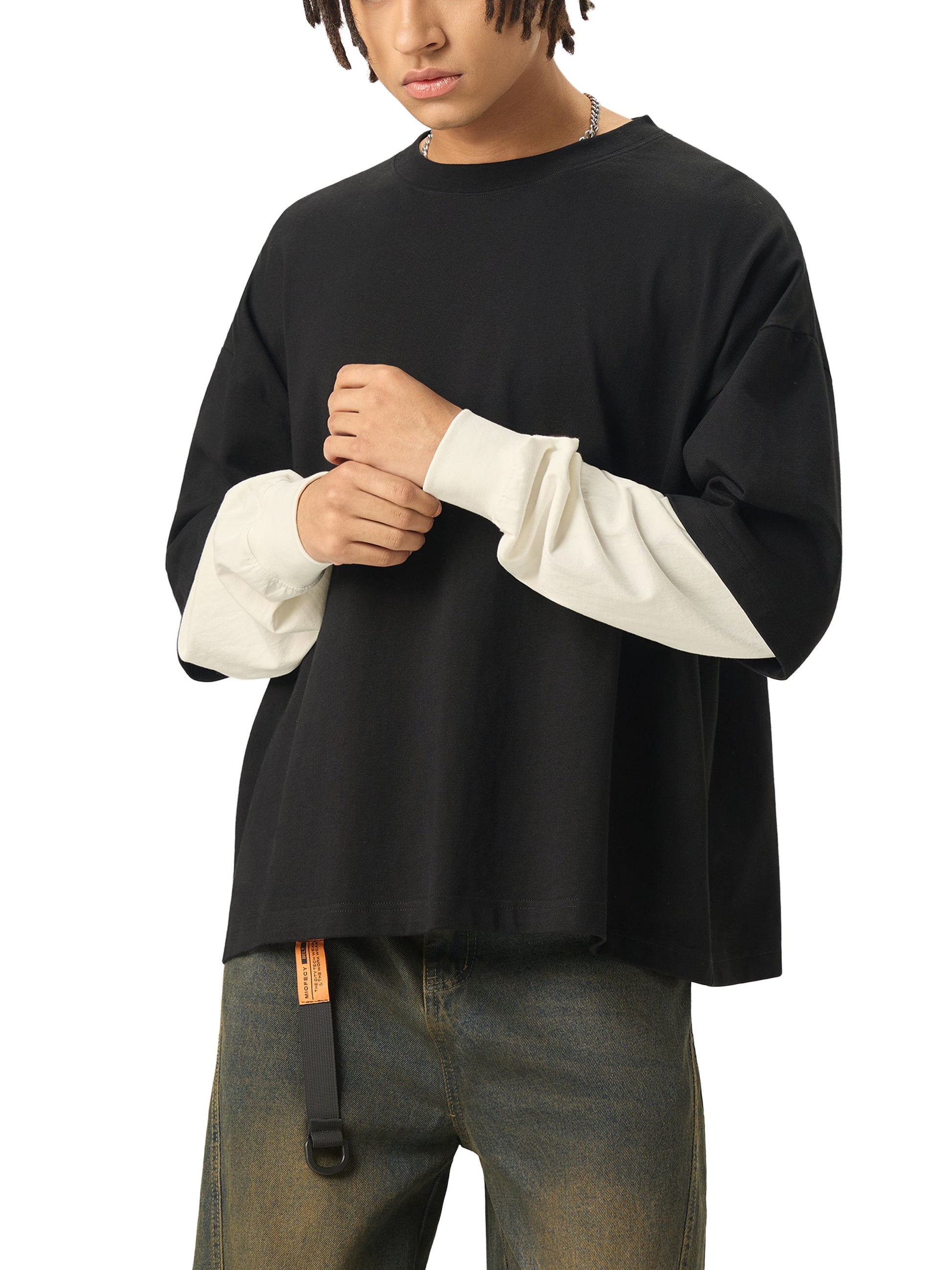 Psalms Angels Layered Contrast Sleeve Cotton T-Shirt ODMPOD