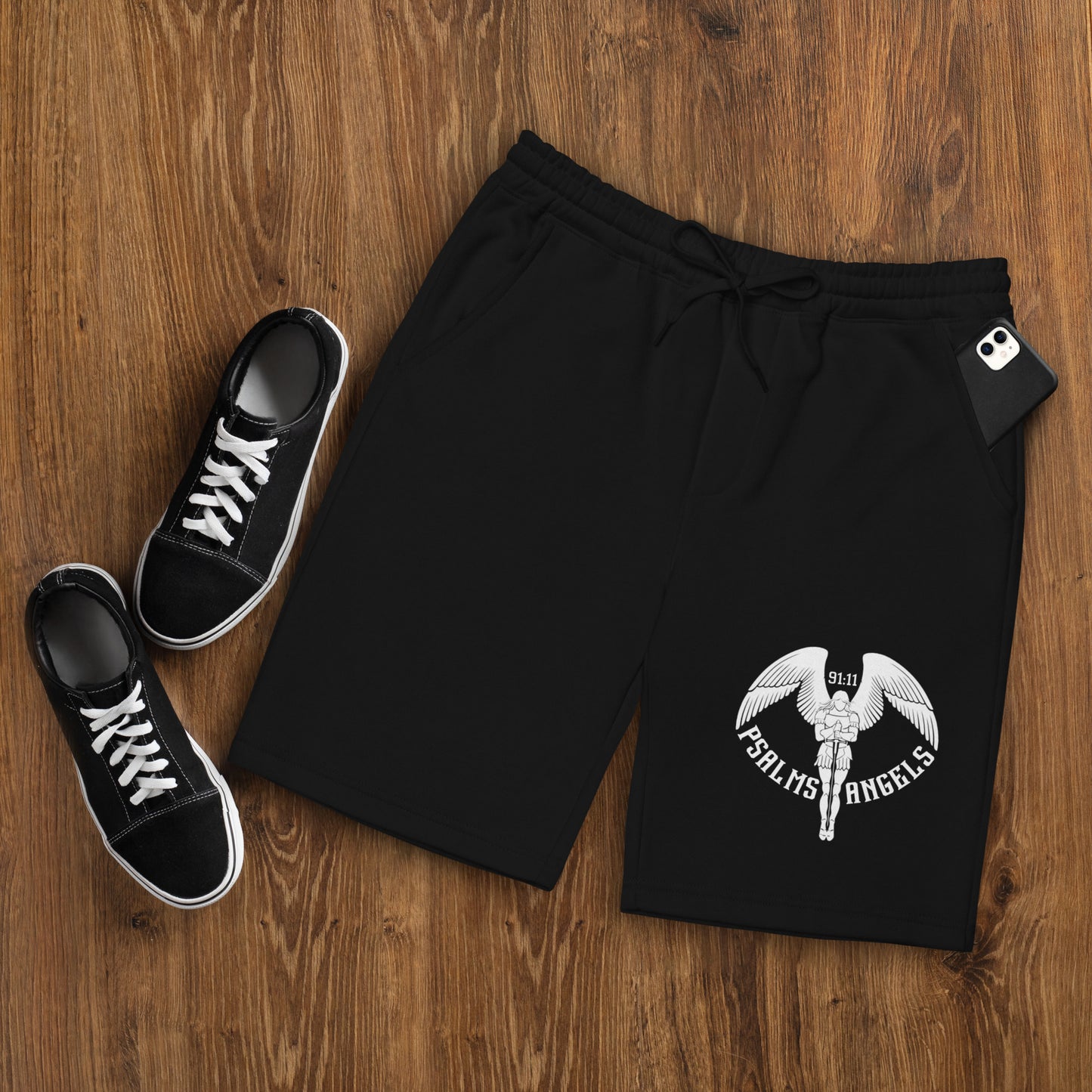 Psalms Angels Men's Casual Black Fleece Shorts - Black