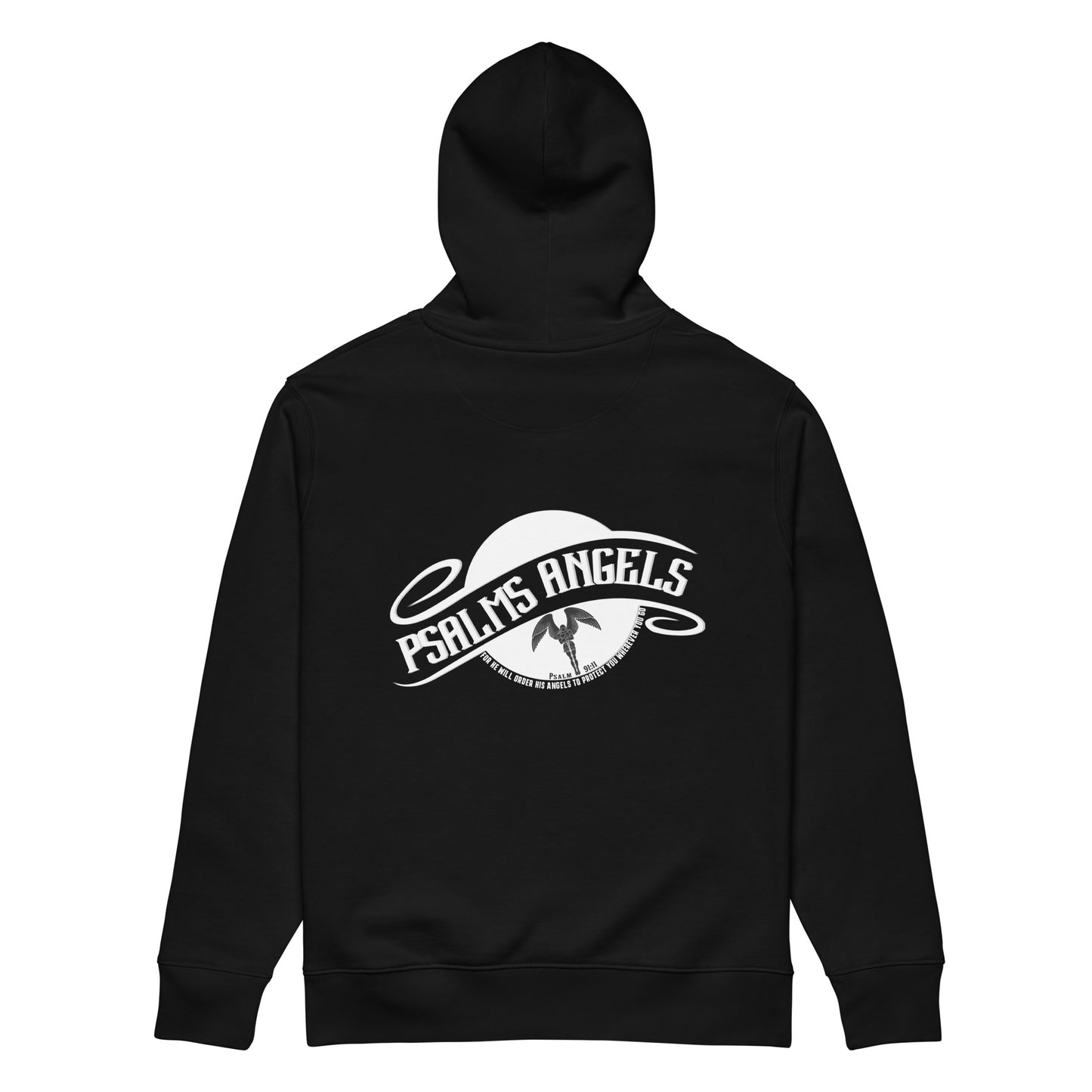 Psalm Verse 91:11 Unisex Premium Heavyweight 100% Organic Cotton Rear Printed Hoodie - Black