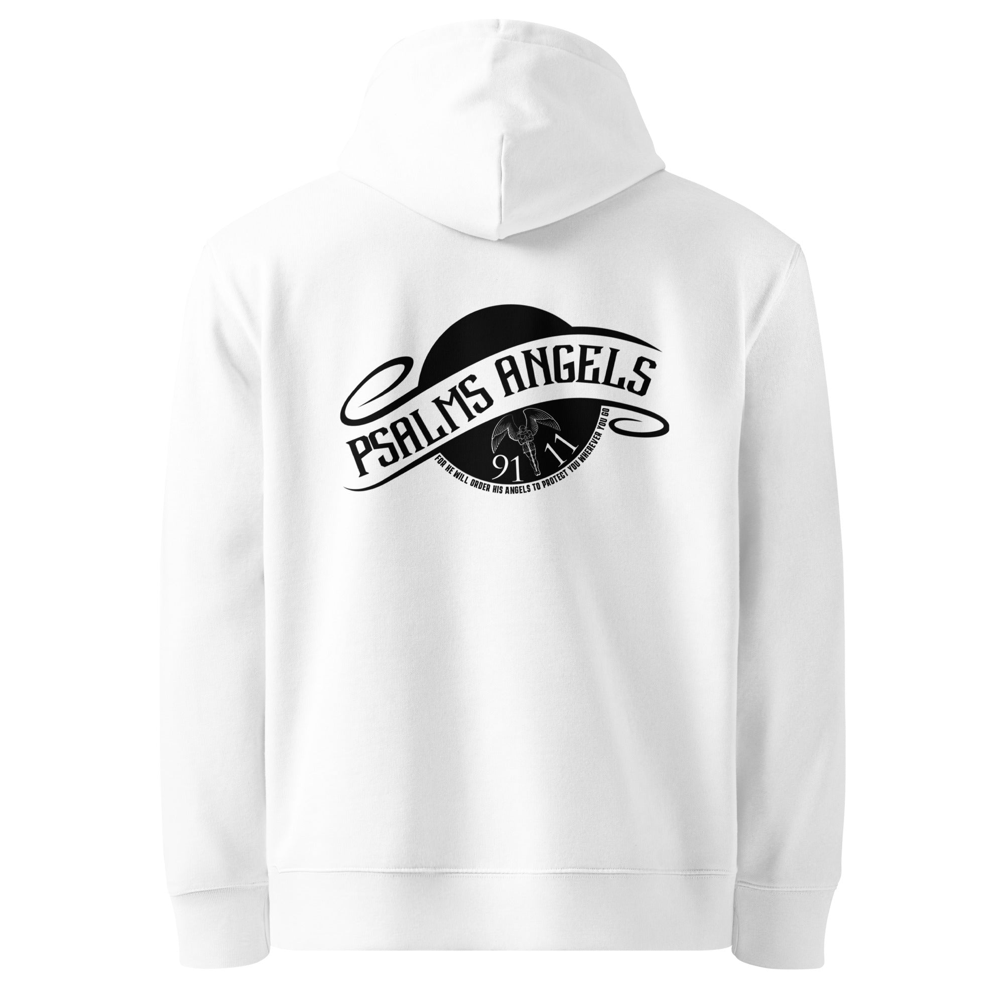Psalm 91:11 Unisex Premium Heavyweight 100% Organic Cotton Rear Printed Hoodie - White Psalms 91.11
