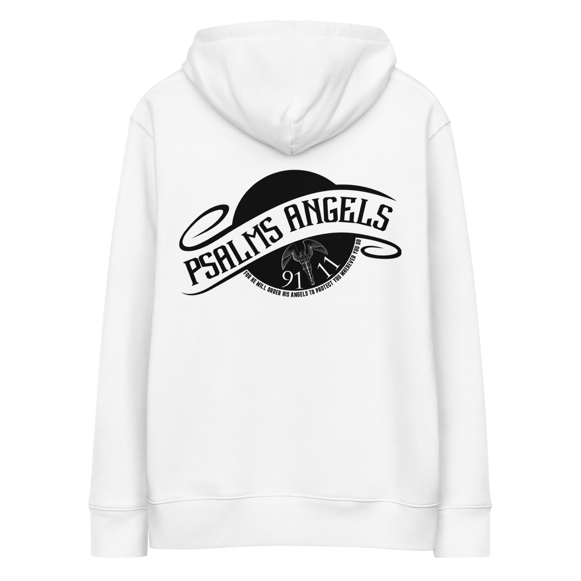 Psalm 91:11 Unisex Premium Heavyweight 100% Organic Cotton Rear Printed Hoodie - White Psalms 91.11